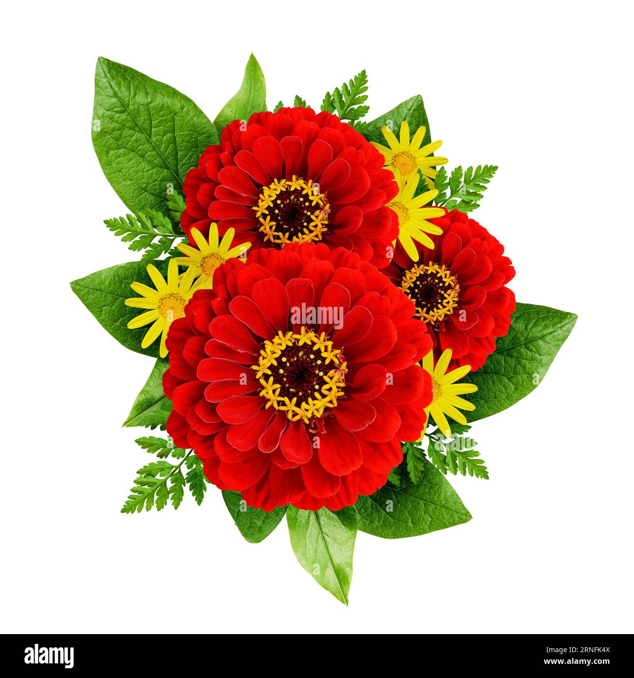 Bouquet di fiori rossi e gialli isolato su bianco Foto Stock