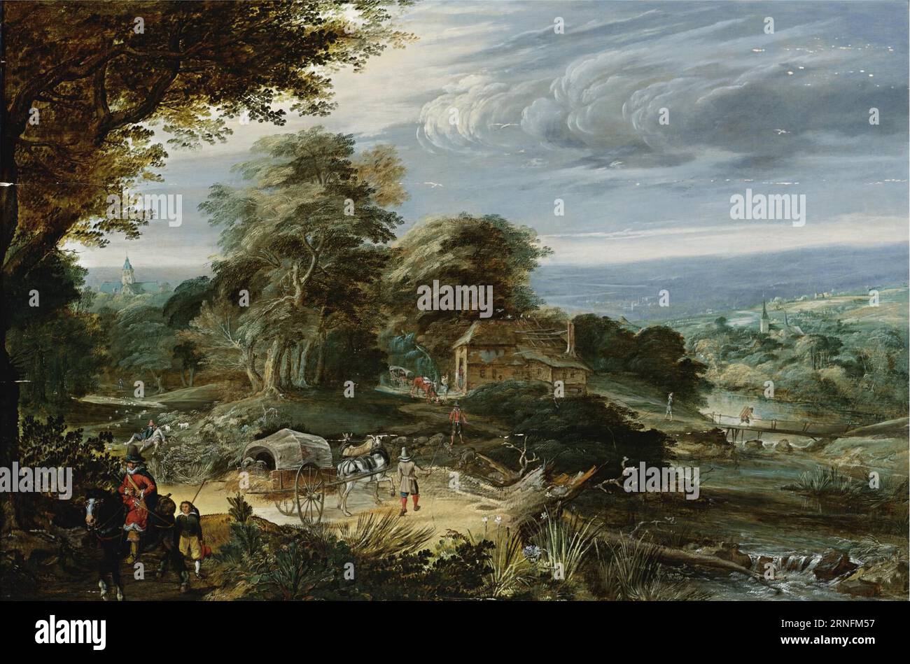 Ampio paesaggio con viaggiatori su un sentiero lungo un fiume, un cottage oltre il 1620 circa di Pieter Stalpaert Foto Stock