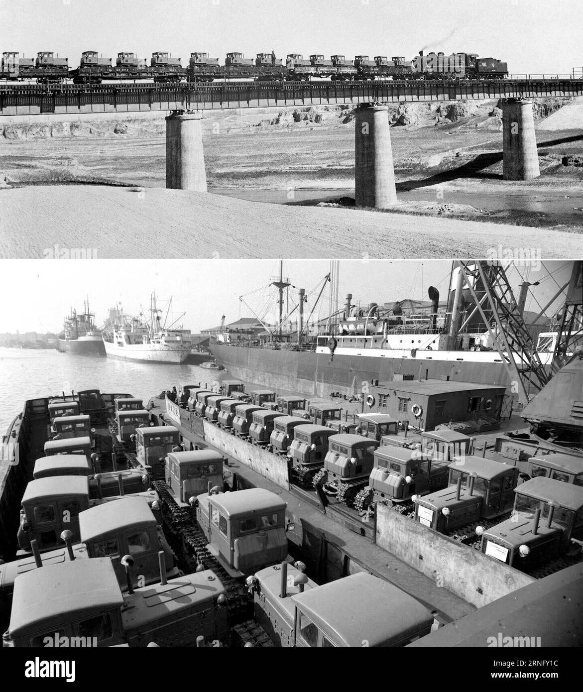 La foto scattata nel 1962 (in alto) mostra i trattori Dongfanghong su un treno in Cina e la foto scattata nel dicembre 1961 (in basso) mostra i trattori Dongfanghong spediti in Albania a Shanghai. Nel 1958, il primo trattore caterpillar in Cina Dongfanghong è stato prodotto nella fabbrica di trattori di Luoyang, segnando il primo passo dell'industria dei trattori in Cina. Negli ultimi sessant'anni, la fabbrica rinominata YTO Group Corporation ha prodotto 3,31 milioni di trattori e 2,45 milioni di macchine elettriche. L'iniziativa Belt and Road offre a YTO l'opportunità di sviluppare ulteriormente la propria attività. Negli ultimi anni, YTO ha costruito diverse fabbriche Foto Stock