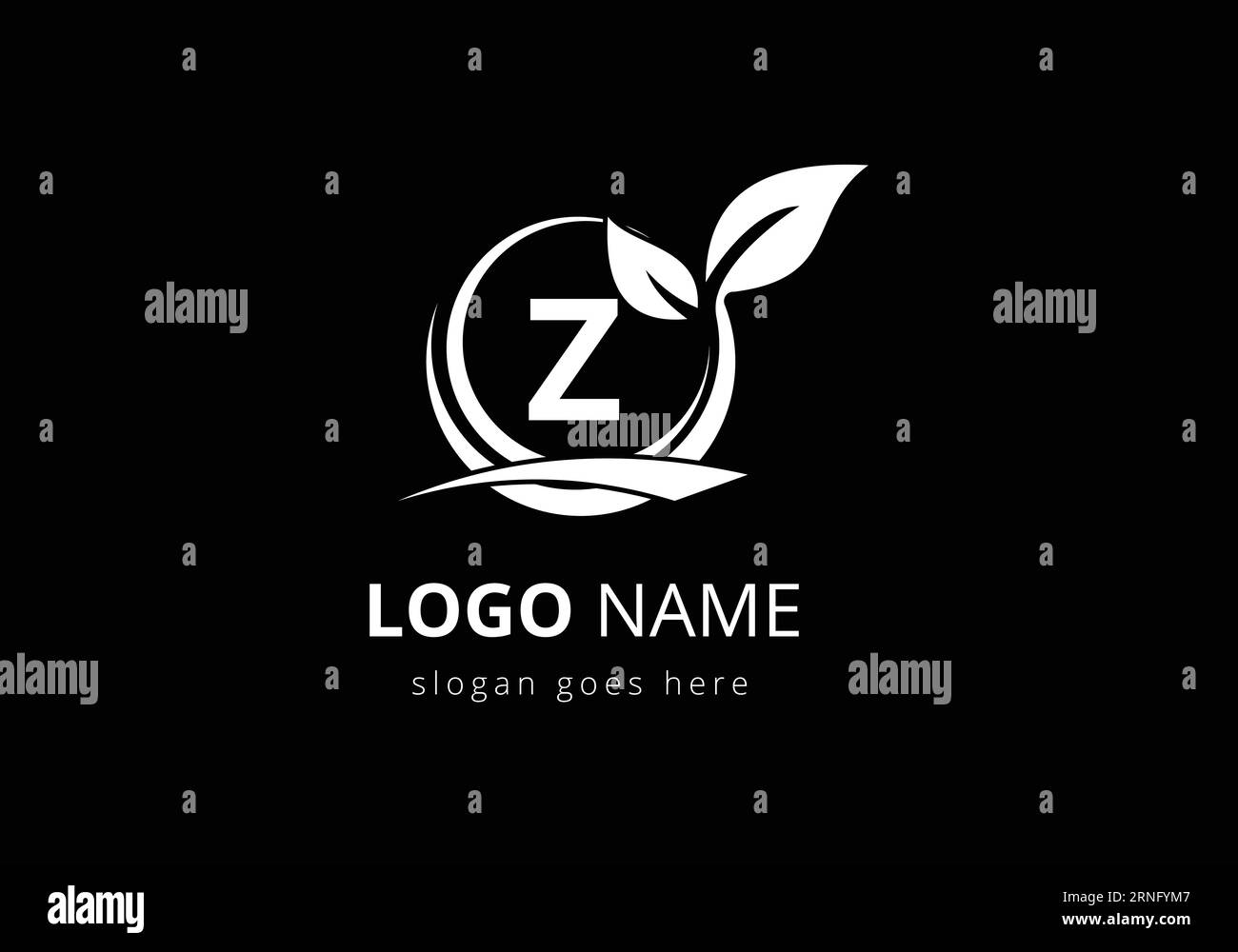 Alfabeto monogramma Z iniziale con foglia circolare e Swoosh. Logo nero ecologico Illustrazione Vettoriale