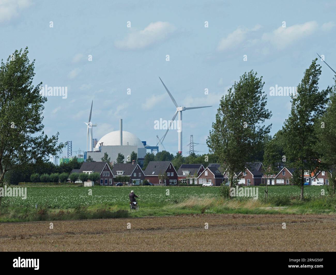 Centrale nucleare di Borssele sulla costa di Westerschelde a Borssele, Zelanda, Paesi Bassi, con case e ciclista in primo piano. Foto Stock