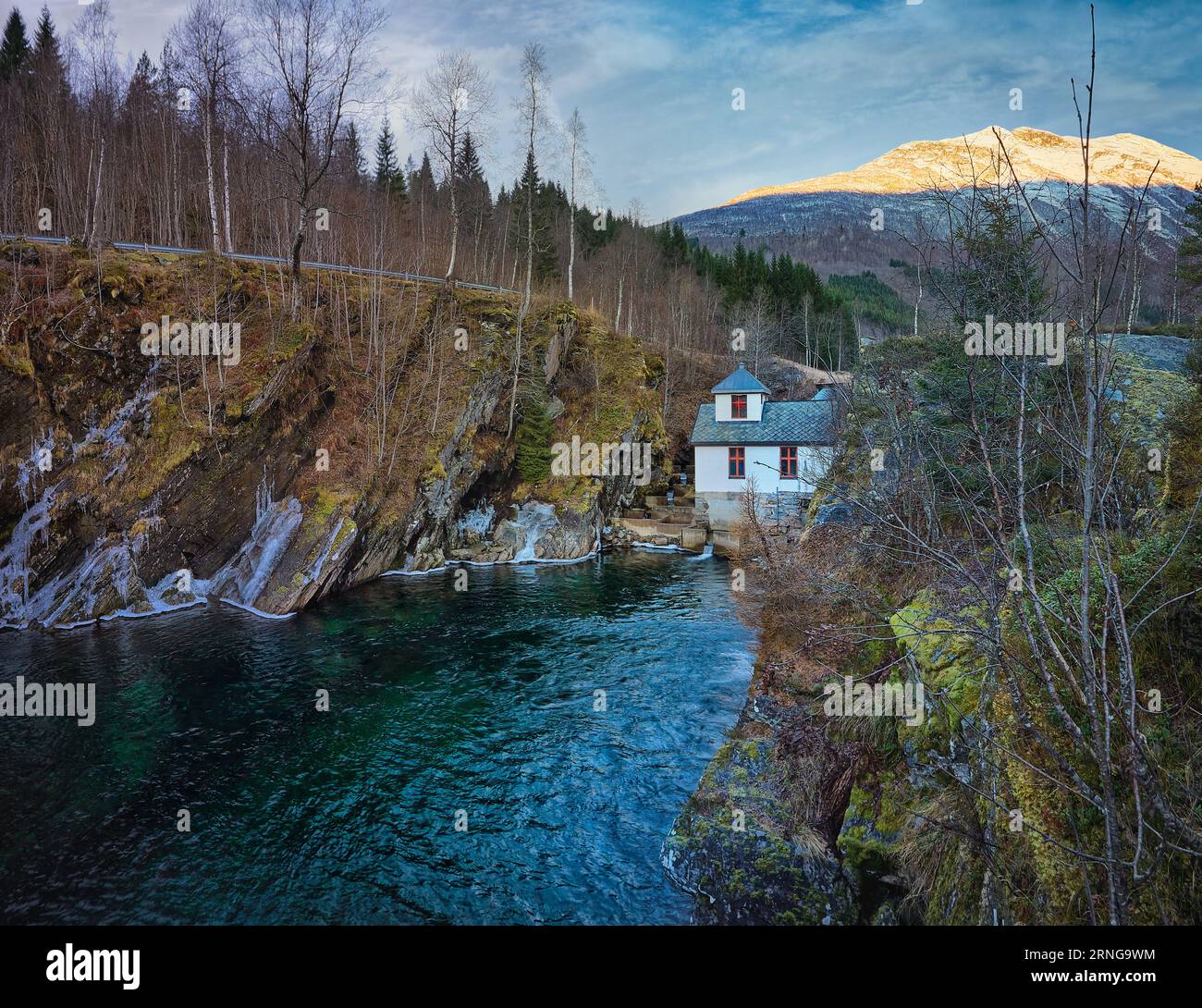 Scene invernali a Valldalen, Valldal, Norvegia Foto Stock