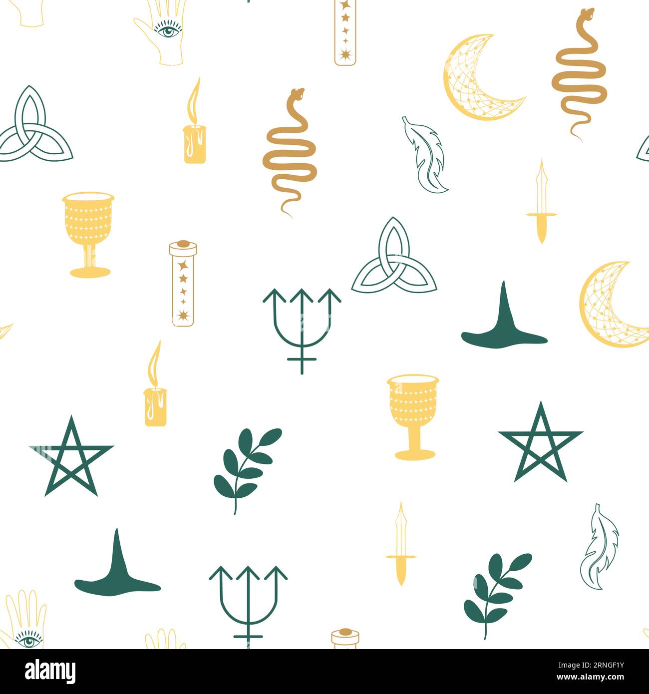 Motivi magici e paradisiaci, con elementi magici come serpente, occhio, carte tarocchi, mano, cranio, pozione, luna, farfalla, funghi, stelle. Symb Illustrazione Vettoriale