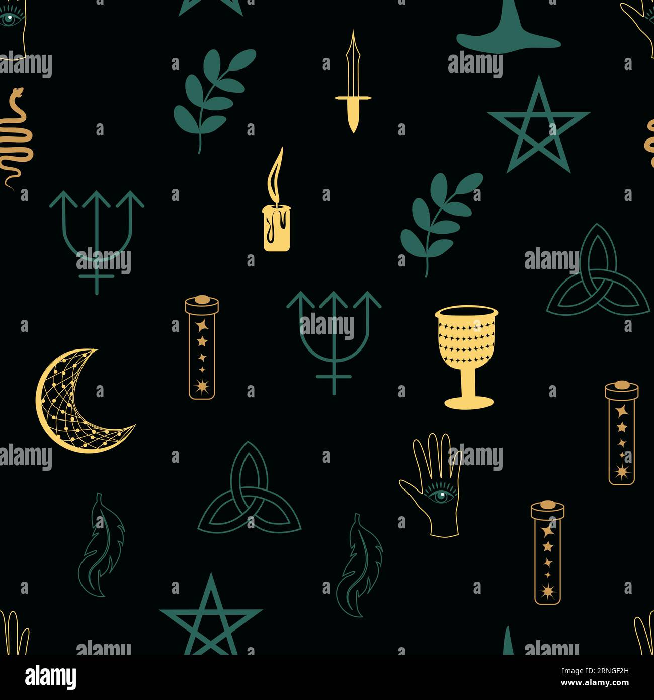 Motivi magici e paradisiaci, con elementi magici come serpente, occhio, carte tarocchi, mano, cranio, pozione, luna, farfalla, funghi, stelle. Symb Illustrazione Vettoriale