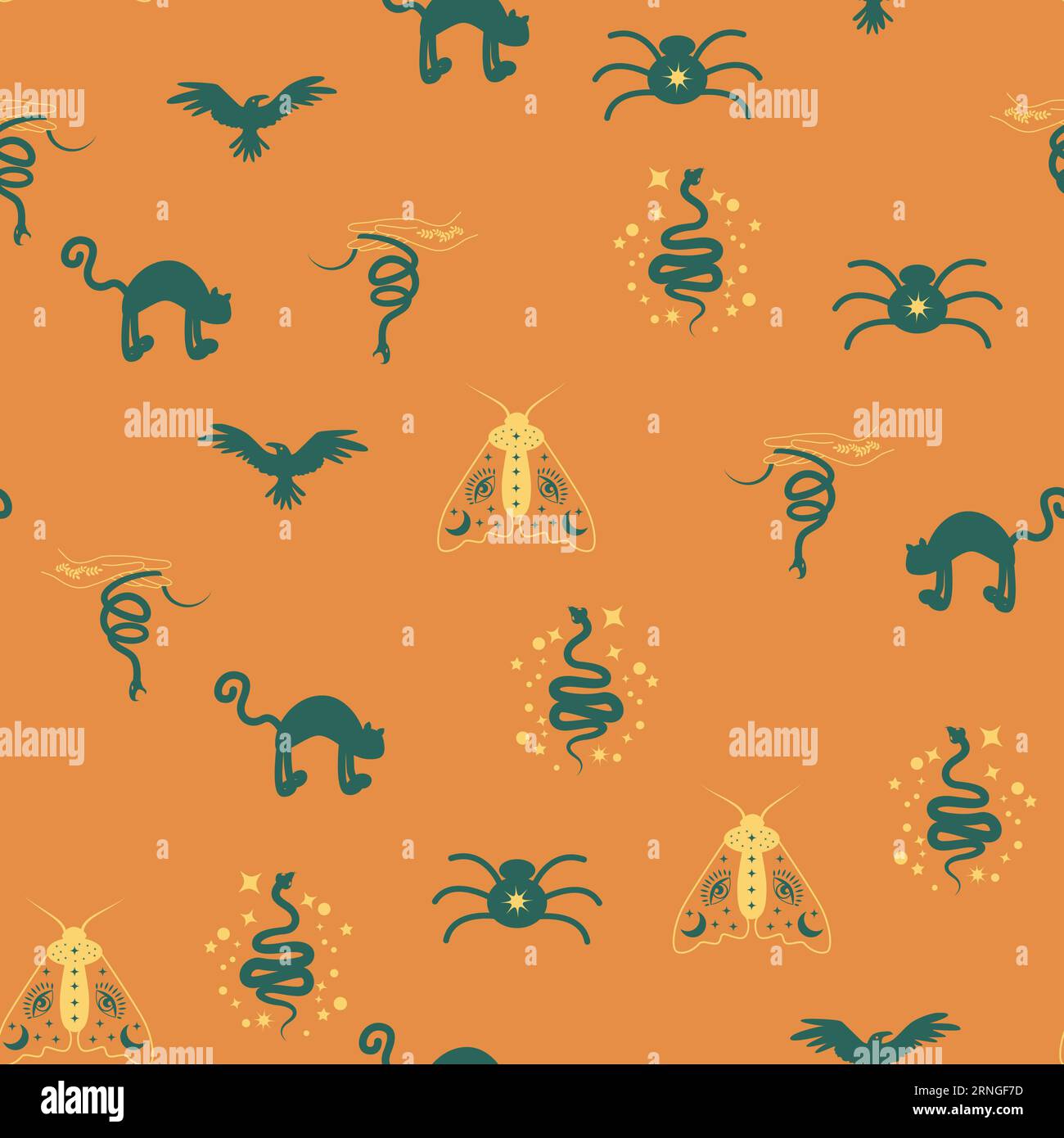 Motivi magici e paradisiaci, con elementi magici come serpente, occhio, carte tarocchi, mano, cranio, pozione, luna, farfalla, funghi, stelle. Symb Illustrazione Vettoriale