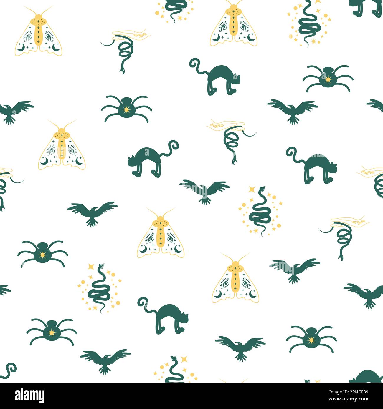 Motivi magici e paradisiaci, con elementi magici come serpente, occhio, carte tarocchi, mano, cranio, pozione, luna, farfalla, funghi, stelle. Symb Illustrazione Vettoriale