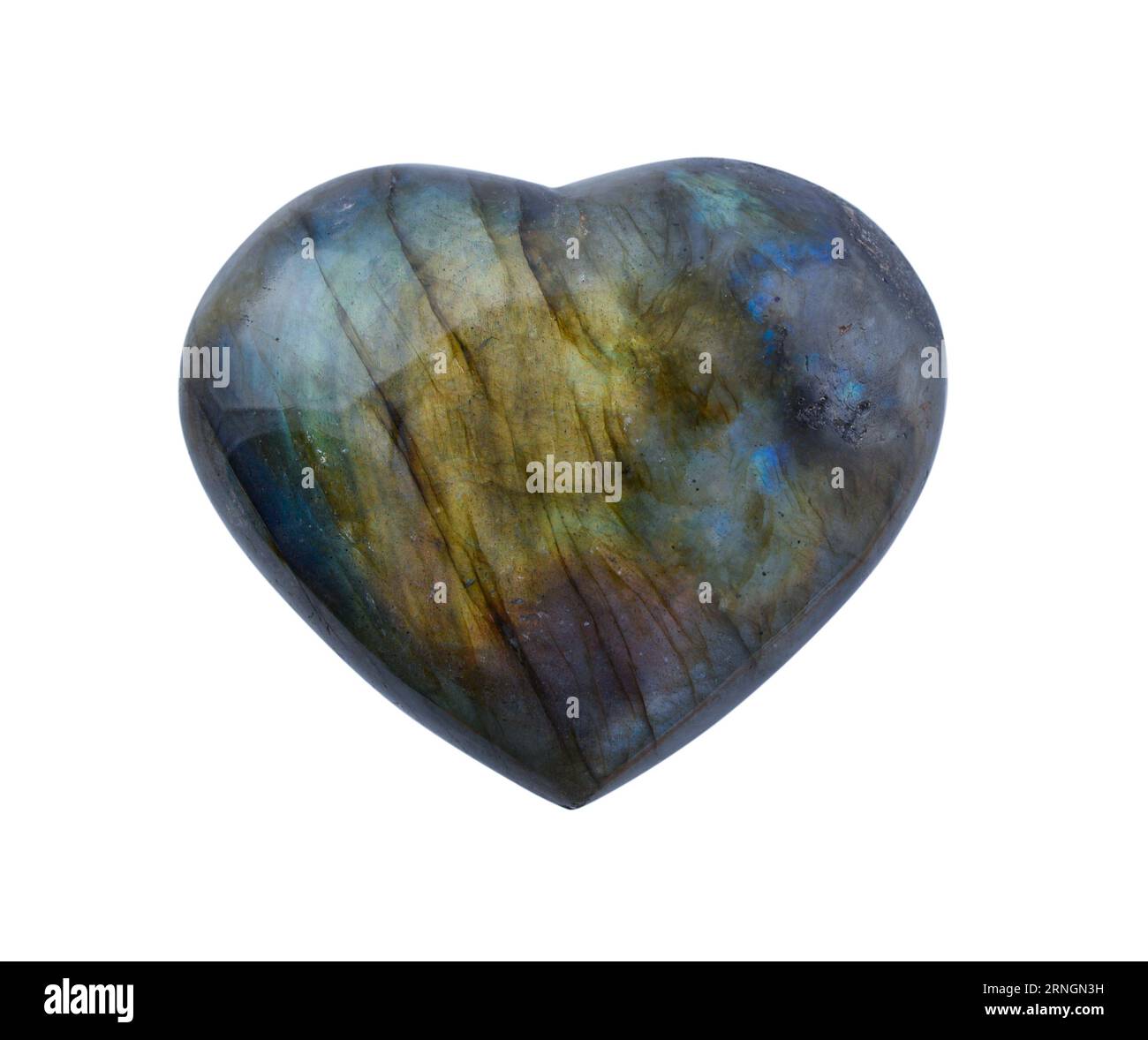 Pietra preziosa di labradorite lucida a forma di cuore isolato su sfondo bianco Foto Stock