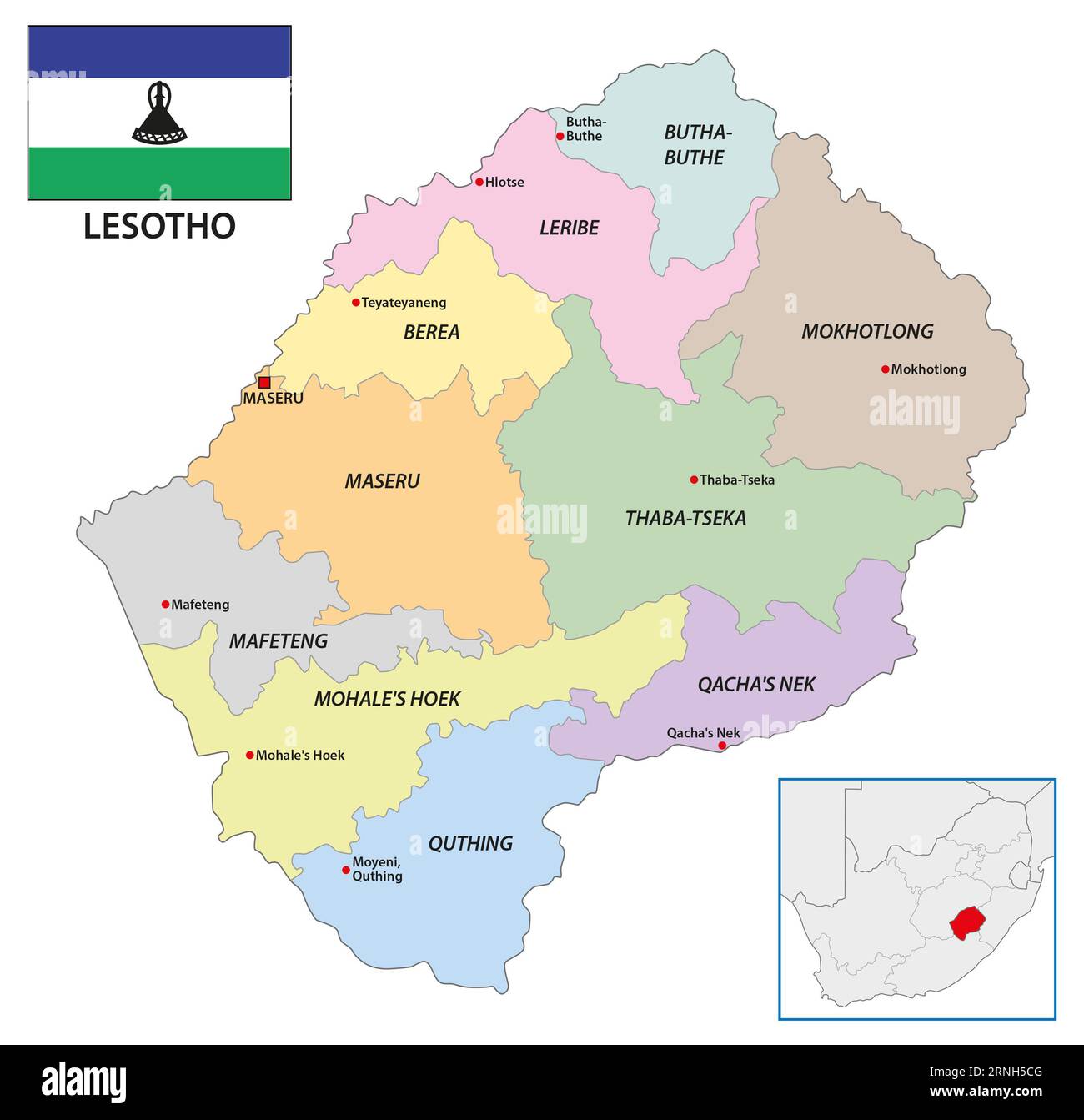 Mappa amministrativa vettoriale del Regno del Lesotho Foto Stock