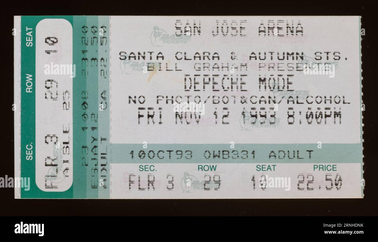 San Jose, California - 12 novembre 1993 - Old Used ticket stub per il concerto dei Depeche Mode alla San Jose Arena Foto Stock
