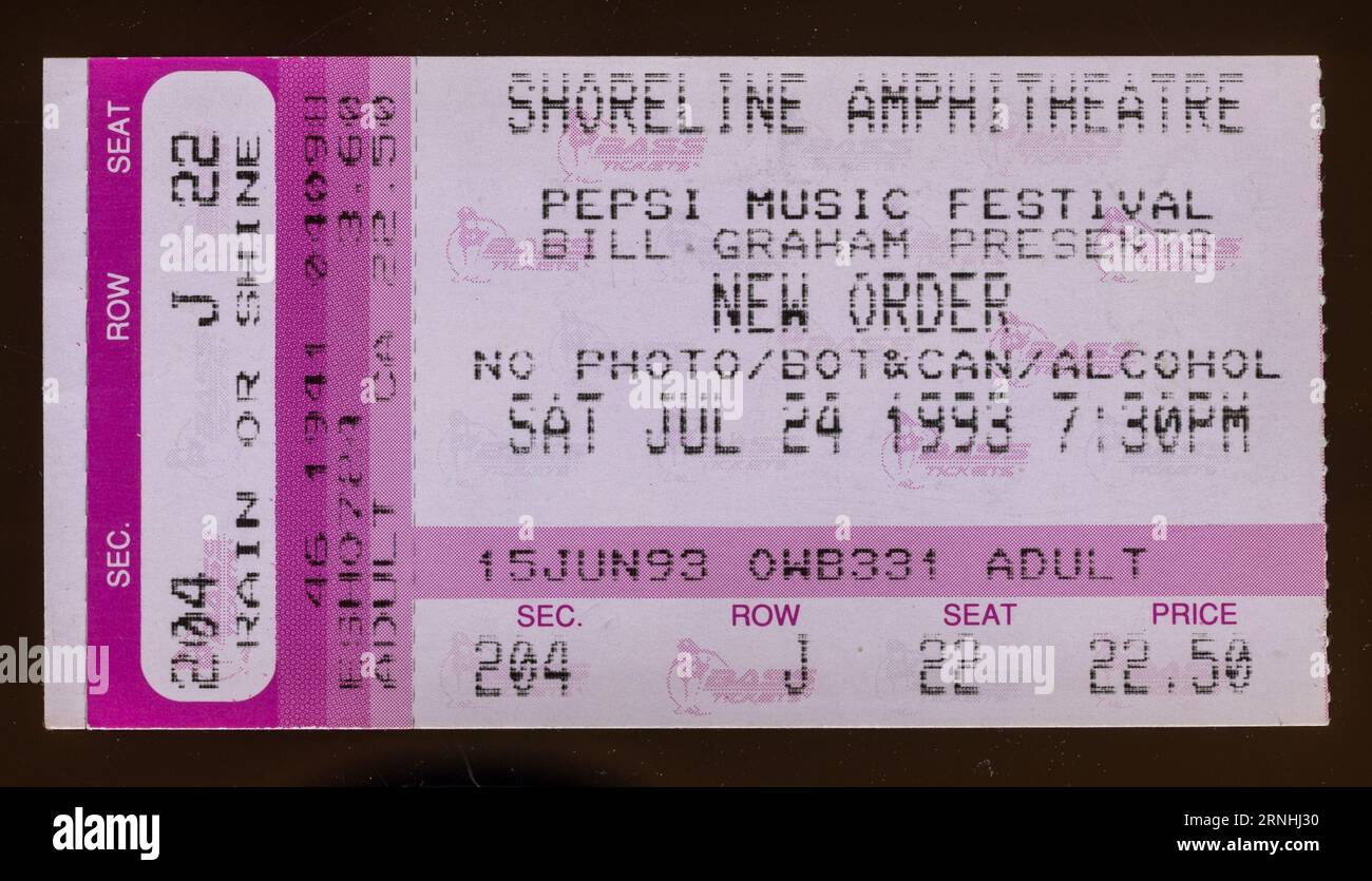 Mountain View, California - 24 luglio 1993 - biglietto vecchio usato per il concerto New Order allo Shoreline Amphitheater Foto Stock