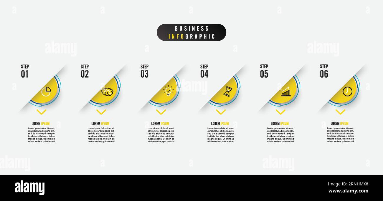 Elemento infografico aziendale con 6 opzioni, passaggi, progettazione di modelli vettoriali numerici Illustrazione Vettoriale