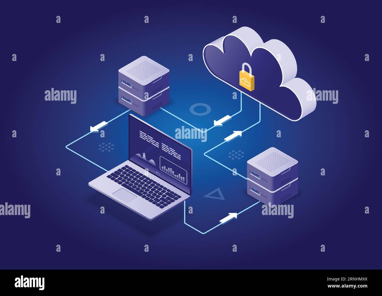 Tecnologia cloud e networking moderni isometrici, concetto di elaborazione dei big data flow. Cloud Service, Cloud Storage tecnologia Web Cloud Business. Illustrazione Vettoriale