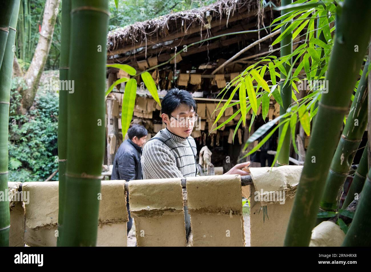 (161208) -- CHONGQING, 7 dicembre 2016 -- li Gaoqiang dries Tuhuo paper in Xinglong Town, South West China S Chongqing, 7 dicembre 2016. La famiglia li, che vive nella città di Chongqing a Xinglong, ha tramandato il tradizionale mestiere di fabbricazione della carta Tuhuo attraverso cinque generazioni. La carta tuhuo, fatta di bambù che cresce nelle aree locali, richiede tecniche di alto livello in tutte le fasi di lavorazione. Tuttavia, con un'elevata intensità di manodopera, scarse vendite e bassi rendimenti, il mestiere è ereditato da pochi giovani, il che ha spinto il governo a svilupparlo come un progetto turistico allo scopo di promuovere i traditi Foto Stock