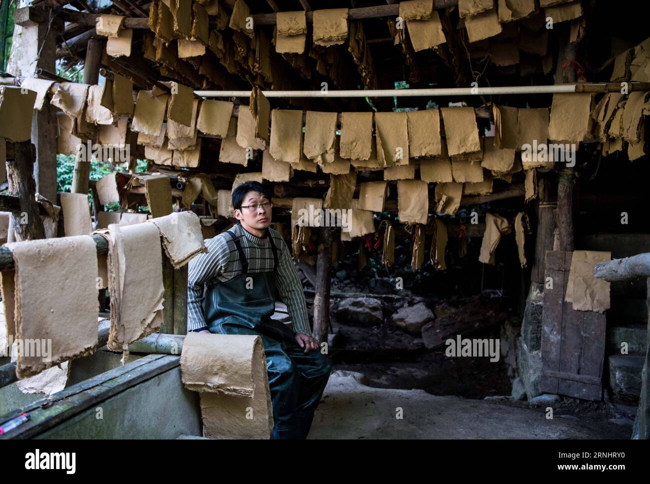 (161208) -- CHONGQING, 7 dicembre 2016 -- li Gaoqiang siede nel laboratorio per la produzione di carta Tuhuo a Xinglong Town, a sud-ovest della Cina, a Chongqing, 7 dicembre 2016. La famiglia li, che vive nella città di Chongqing a Xinglong, ha tramandato il tradizionale mestiere di fabbricazione della carta Tuhuo attraverso cinque generazioni. La carta tuhuo, fatta di bambù che cresce nelle aree locali, richiede tecniche di alto livello in tutte le fasi di lavorazione. Tuttavia, con un'elevata intensità di manodopera, scarse vendite e bassi rendimenti, il mestiere è ereditato da pochi giovani, il che ha spinto il governo a svilupparlo come progetto turistico in a Foto Stock