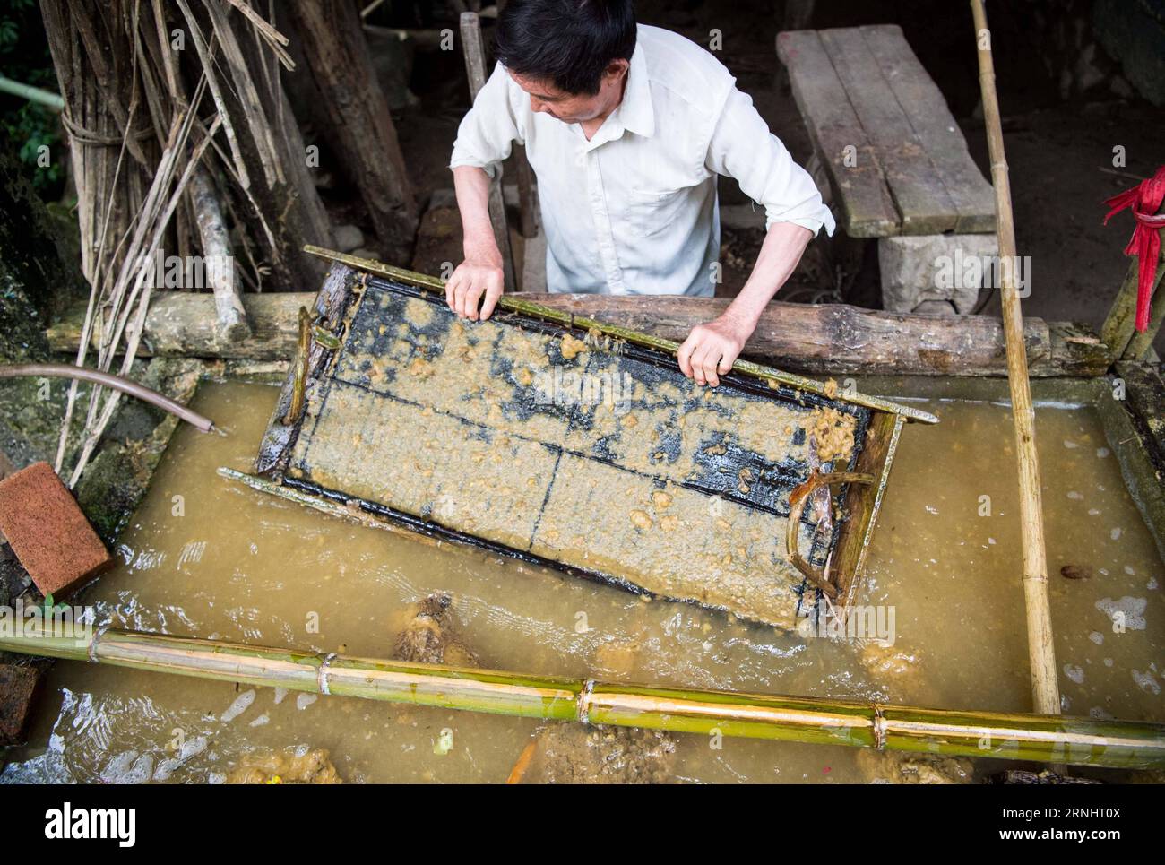 (161208) -- CHONGQING, 7 giugno 2016 -- li Shilin produce carta Tuhuo a Xinglong Town, a sud-ovest della Cina, a Chongqing, 7 giugno 2016. La famiglia li, che vive nella città di Chongqing a Xinglong, ha tramandato il tradizionale mestiere di fabbricazione della carta Tuhuo attraverso cinque generazioni. La carta tuhuo, fatta di bambù che cresce nelle aree locali, richiede tecniche di alto livello in tutte le fasi di lavorazione. Tuttavia, con un'elevata intensità di manodopera, scarse vendite e bassi rendimenti, l'artigianato è ereditato da pochi giovani, il che ha spinto il governo a svilupparlo come un progetto turistico allo scopo di rafforzare la tradizione Foto Stock