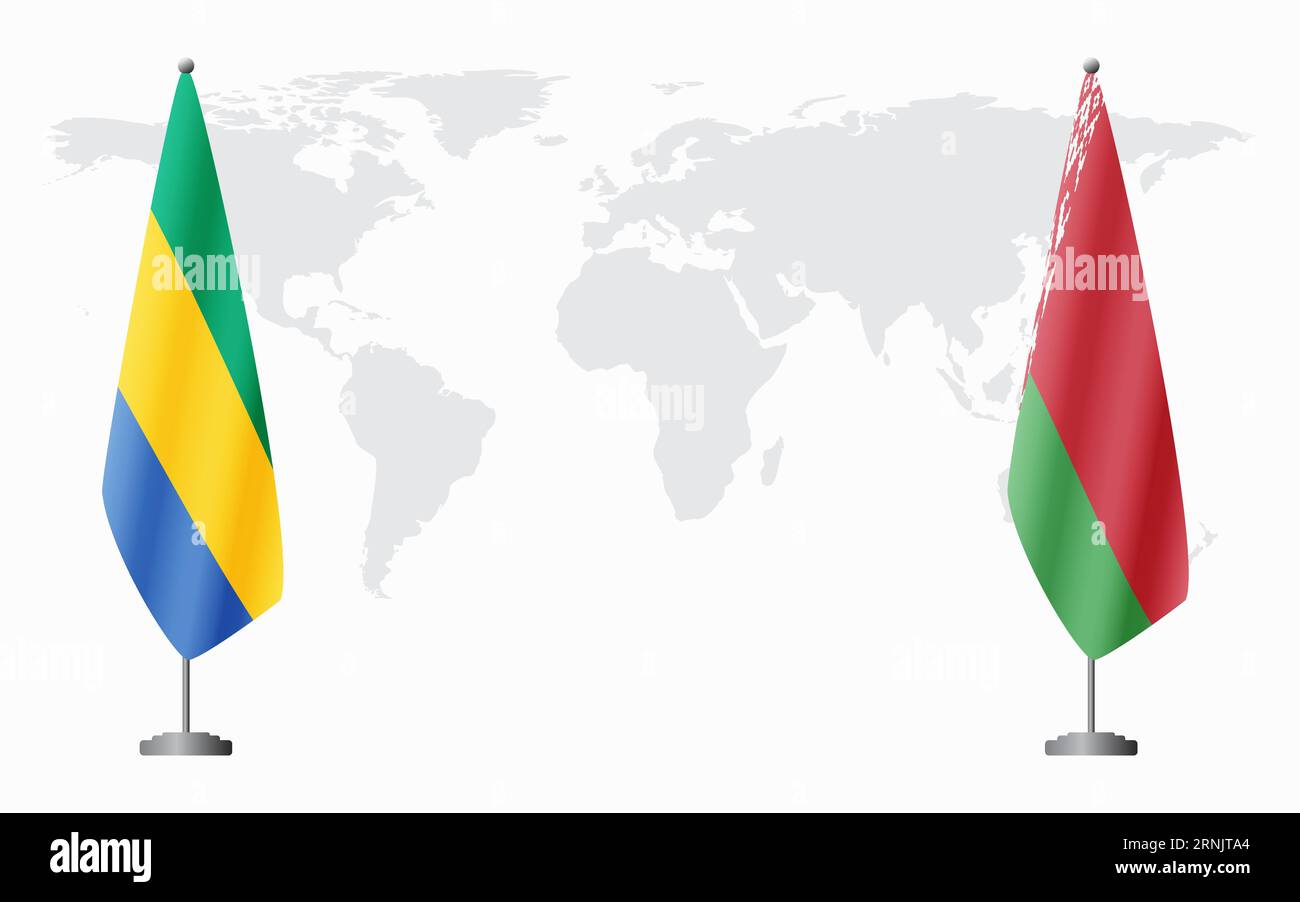 Bandiere del Gabon e bielorusse per riunioni ufficiali sullo sfondo della mappa mondiale. Illustrazione Vettoriale