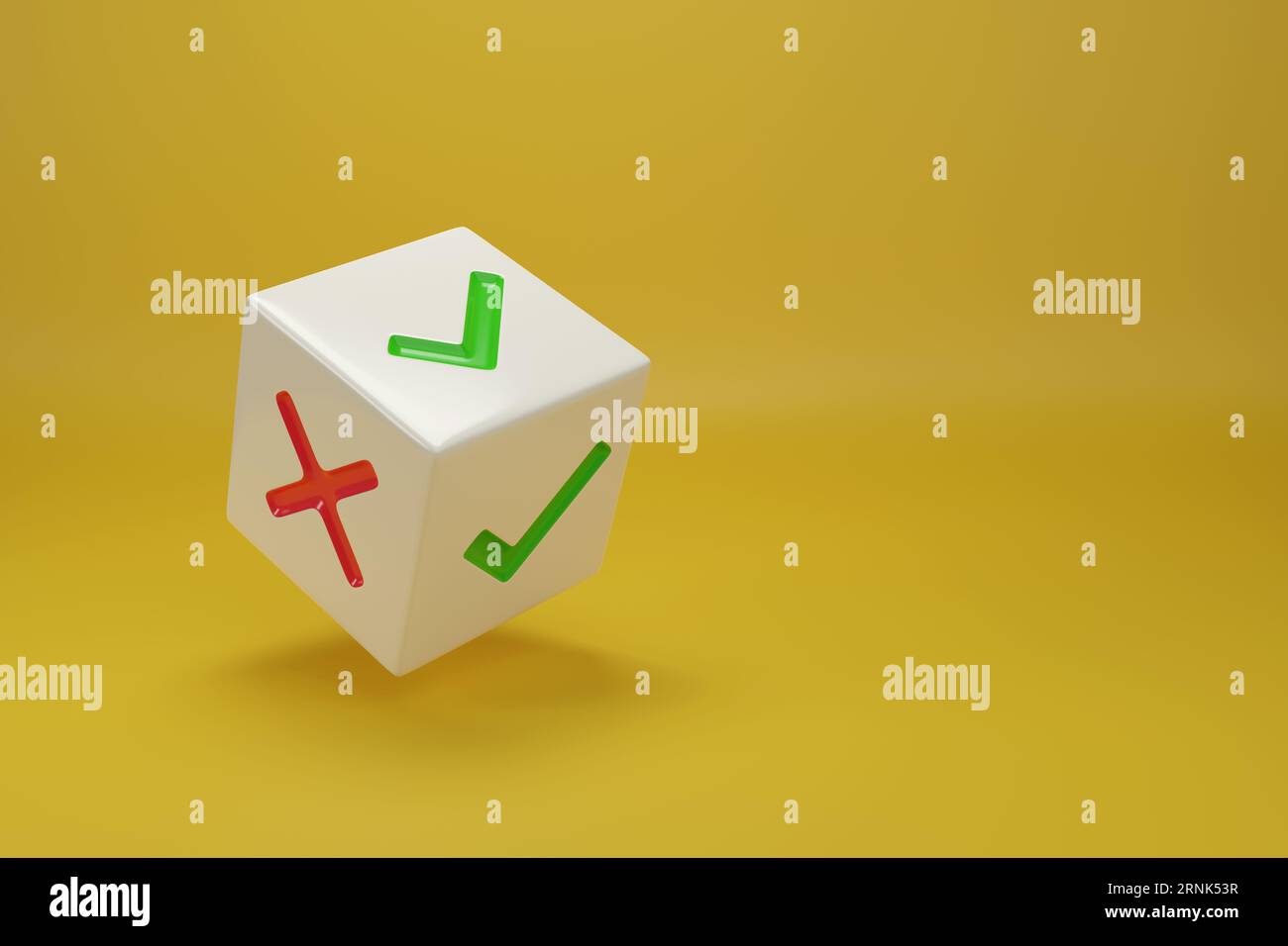 Dadi con segno di spunta e croce con spazio per la copia. illustrazione 3d. Foto Stock