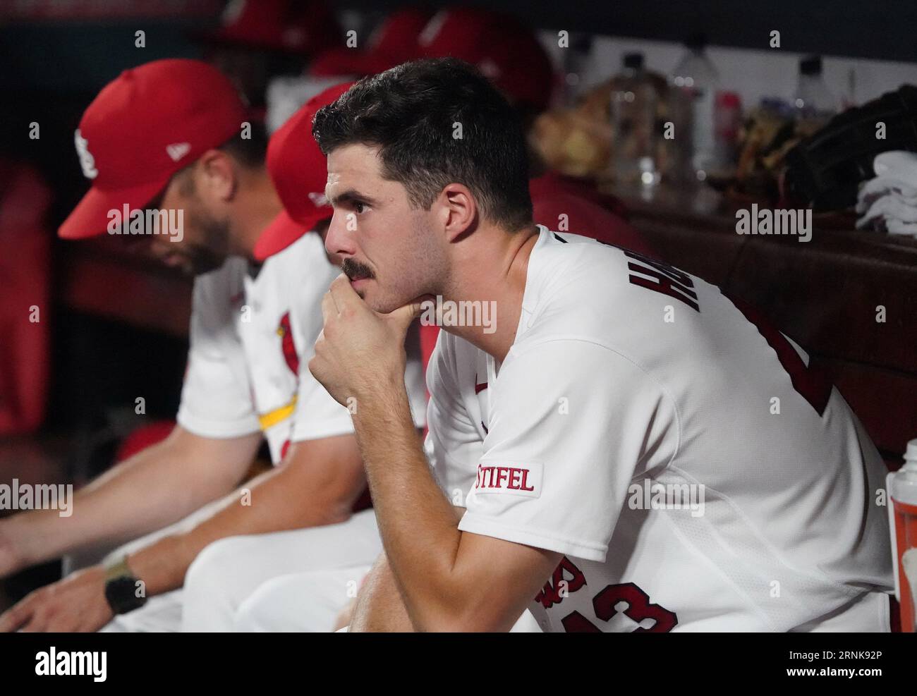 St Louis, USA. 1 settembre 2023. St Il lanciatore titolare dei Louis Cardinals Dakota Hudson siede nel dugout nel terzo inning contro i Pittsburgh Pirates al Busch Stadium di St Louis venerdì 1 settembre 2023. Foto di Bill Greenblatt/UPI credito: UPI/Alamy Live News Foto Stock