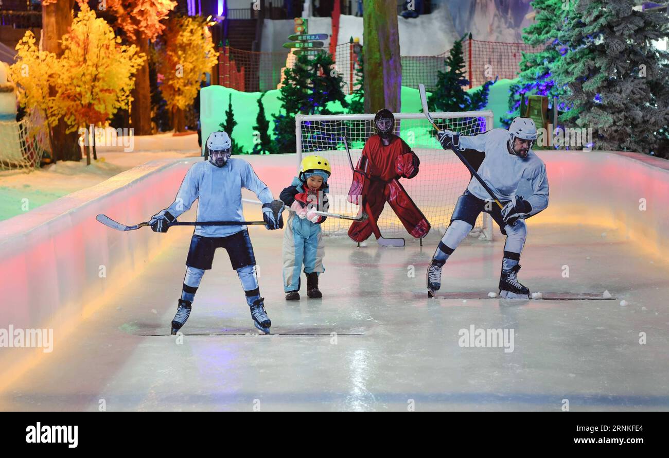 (170329) - CHANGSHA, 29 marzo 2017 -- Una ragazza gioca a hockey su ghiaccio nella Snow Wonder Land in un centro commerciale oulet a Changsha, capitale della provincia di Hunan della Cina centrale, il 25 febbraio 2017. Con il beneficio di Pechino che ha vinto l'offerta di ospitare le Olimpiadi invernali del 2022 e il governo cinese che ha mirato ad attirare 300 milioni di cinesi per partecipare agli sport invernali, le autorità della provincia di Hunan prendono sempre più sul serio l'industria degli sport invernali e la inseriscono nel piano quinquennale (da 2016 a 2020). Una serie di luoghi per gli sport invernali al pubblico sono in costruzione, alcuni dei quali sono già stati aperti Foto Stock