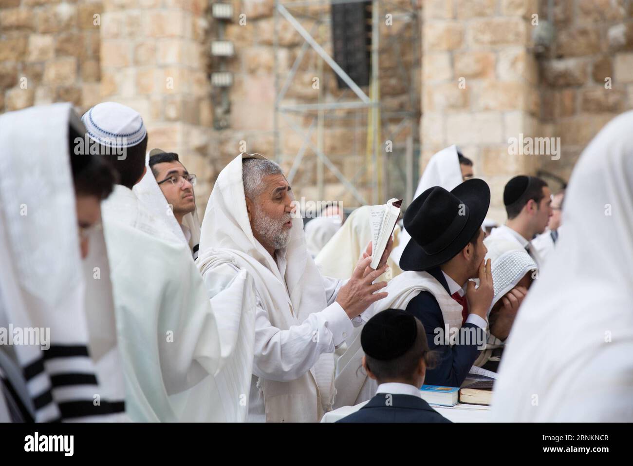 170413 -- GERUSALEMME, 13 aprile 2017 -- ebrei ortodossi assistono a Birkat Kohanim, una cerimonia di benedizione, durante la festa ebraica di Pesach presso il muro Occidentale nella città Vecchia di Gerusalemme, 13 aprile 2017. Pesach, una festa ebraica che segna l'esodo del popolo ebraico dall'Egitto, dalla schiavitù alla libertà. Guo Yujmmn MIDEAST-JERUSALEM-Western WALL-PASSOVER guoyu PUBLICATIONxNOTxINxCHN Foto Stock