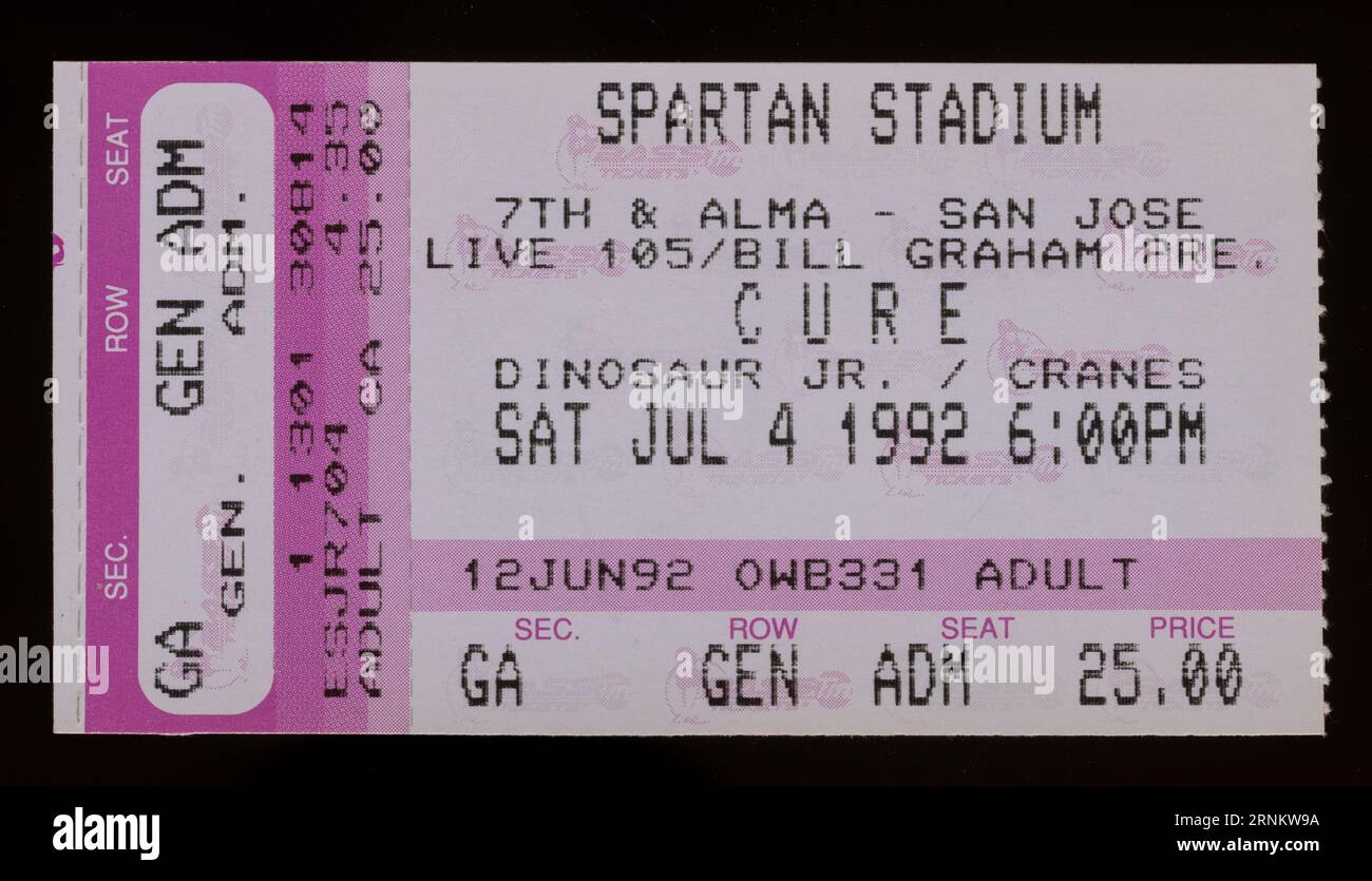 San Jose, California - 4 luglio 1992 - Old Used Ticket Stub per il concerto dei cure allo Spartan Stadium Foto Stock