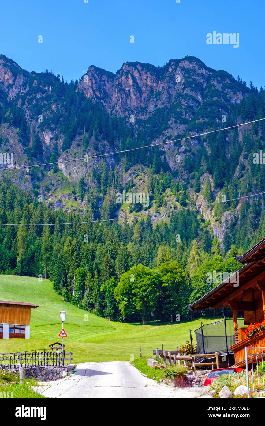 Strada con case su entrambi i lati conduce a campi verdi e aspre montagne sullo sfondo ad Alpbach, affascinante villaggio alpino. Tirolo, Austria Occidentale. Foto Stock