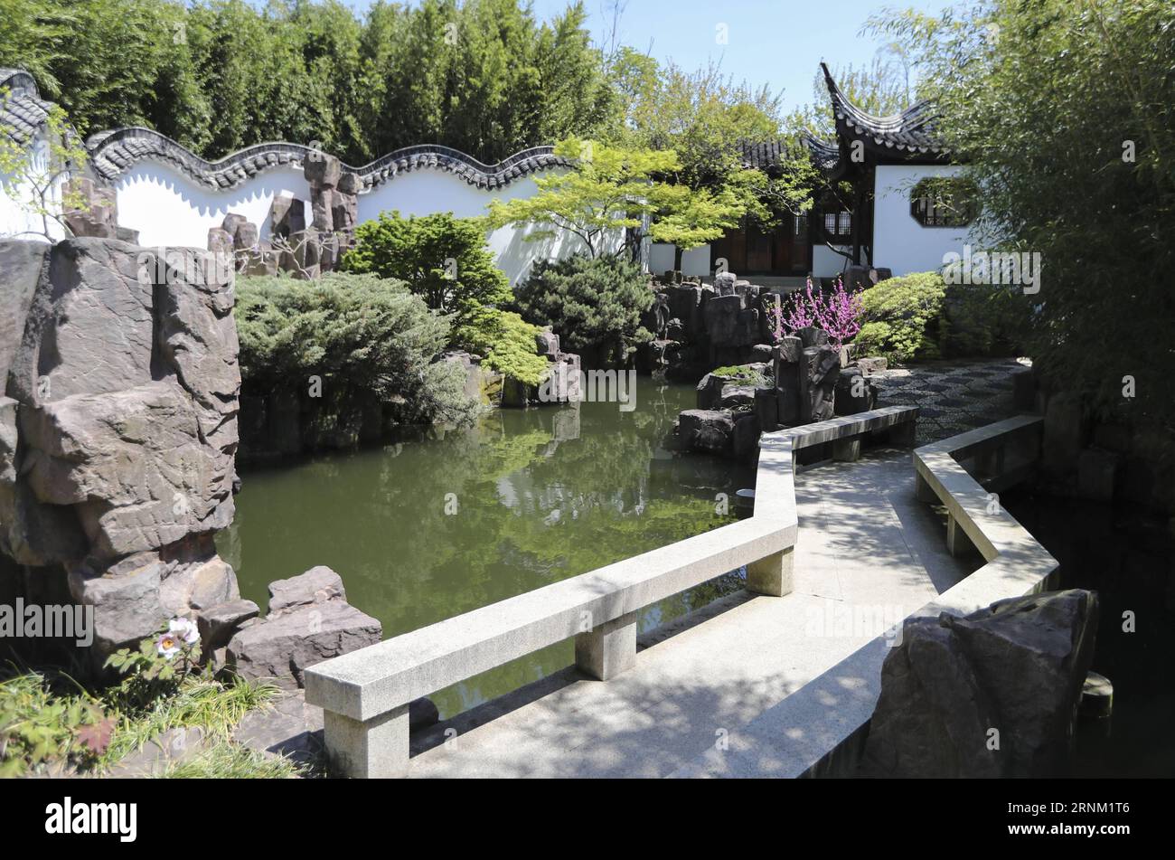 (170501) -- NEW YORK, 1 maggio 2017 -- foto scattata il 28 aprile 2017 mostra il paesaggio del Chinese Scholar's Garden allo Snug Harbor a Staten Island, New York, Stati Uniti. Il New York Chinese Scholar's Garden, o Jixing Yuan in cinese, è stato aperto al pubblico nel 1999, fornendo un posto per le persone per godersi le bellezze di un giardino classico cinese. Il giardino è un lavoro dedicato da un team di 40 artisti e artigiani cinesi, che hanno trascorso un anno in Cina creando i componenti del Giardino e altri sei mesi a Staten Island come artigiani in residenza a Snug Harbor per completare il vincolo Foto Stock