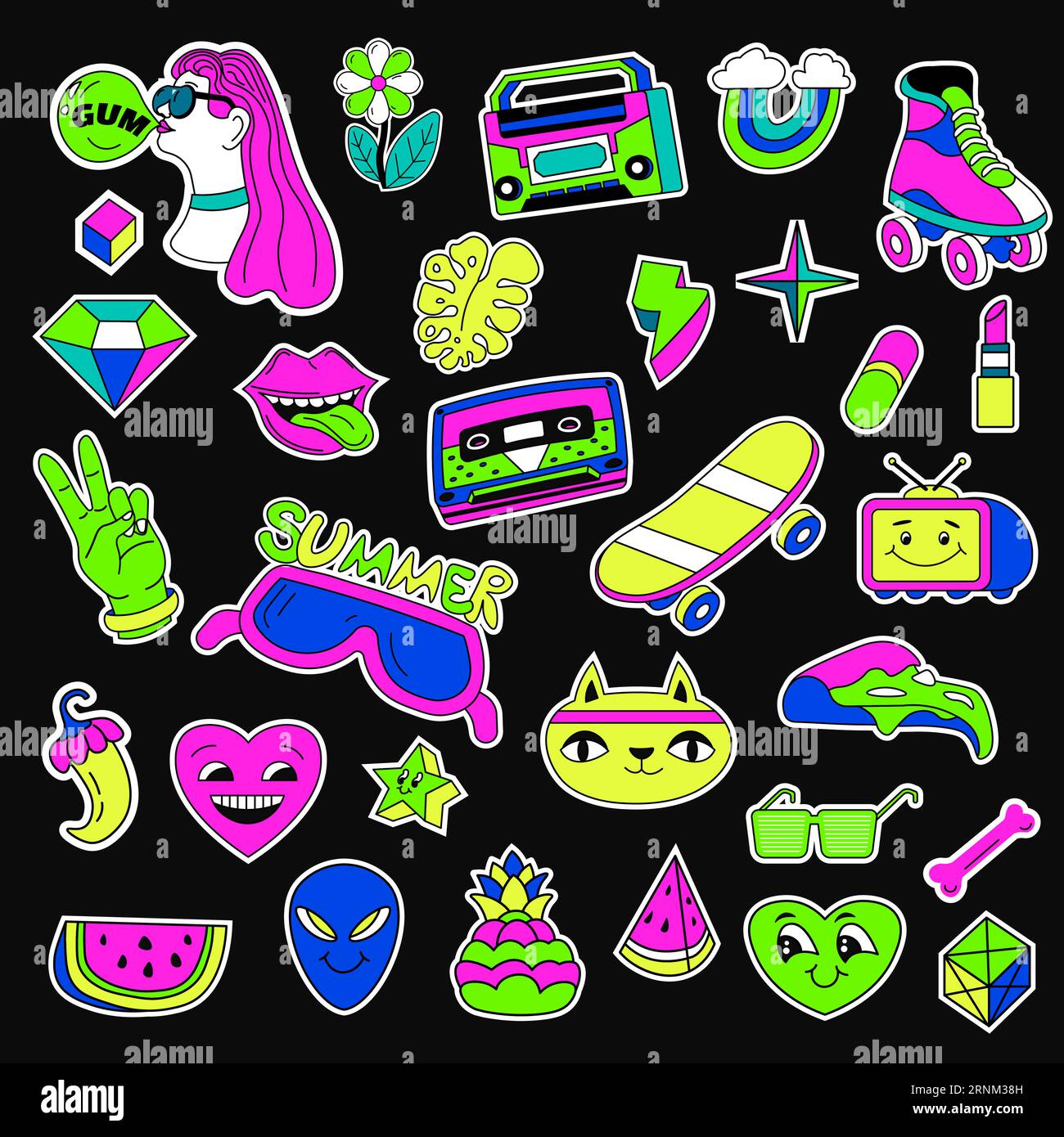 90s adesivi e insegne, confezione retrò di emoticon Illustrazione Vettoriale
