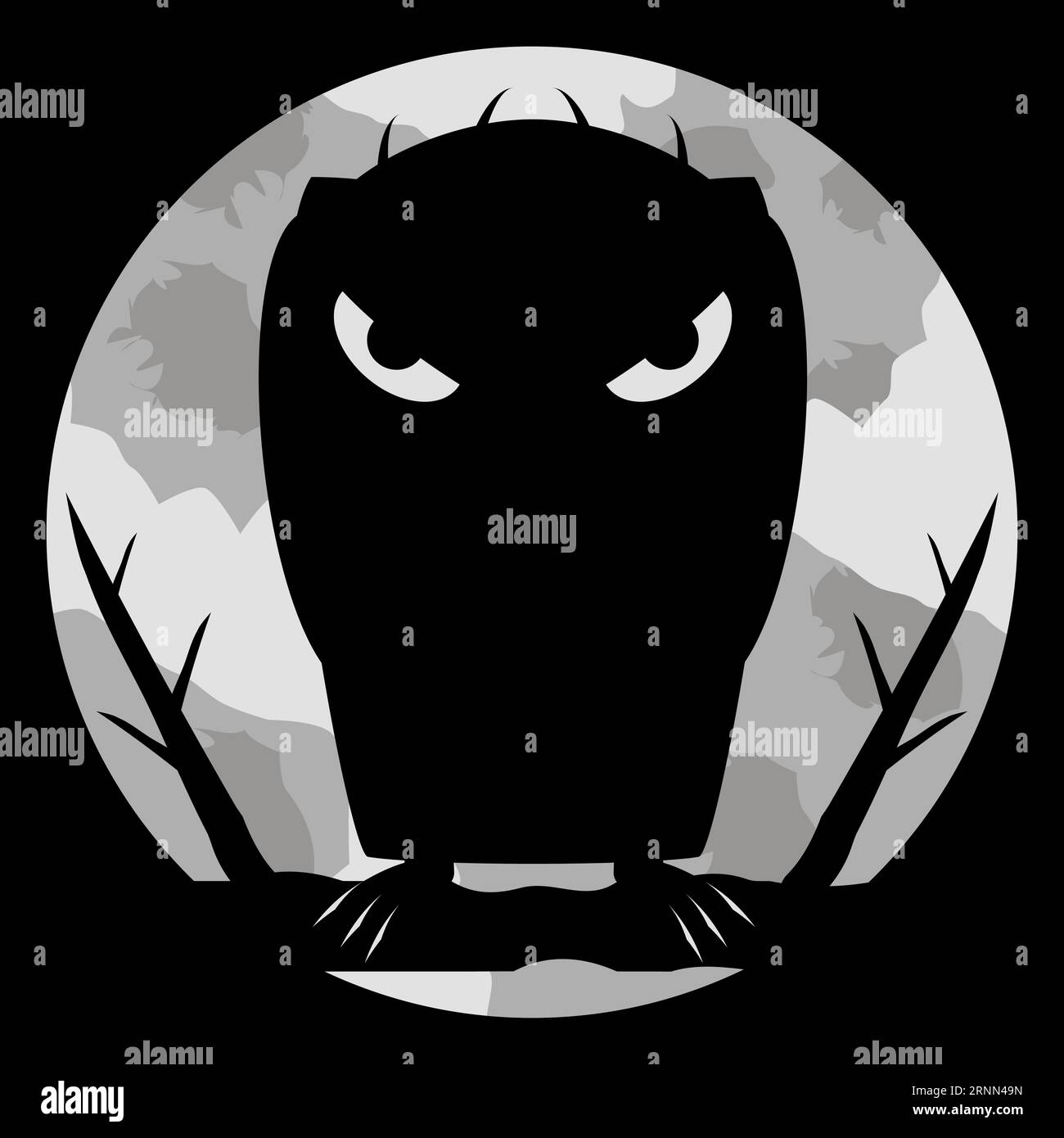 Vampiro mostro con occhi spaventosi e artigli affilati sullo sfondo notturno e su una grande luna pallida. Silhouette scura dal look malvagio. Sfondo di Halloween. Illustrazione Vettoriale