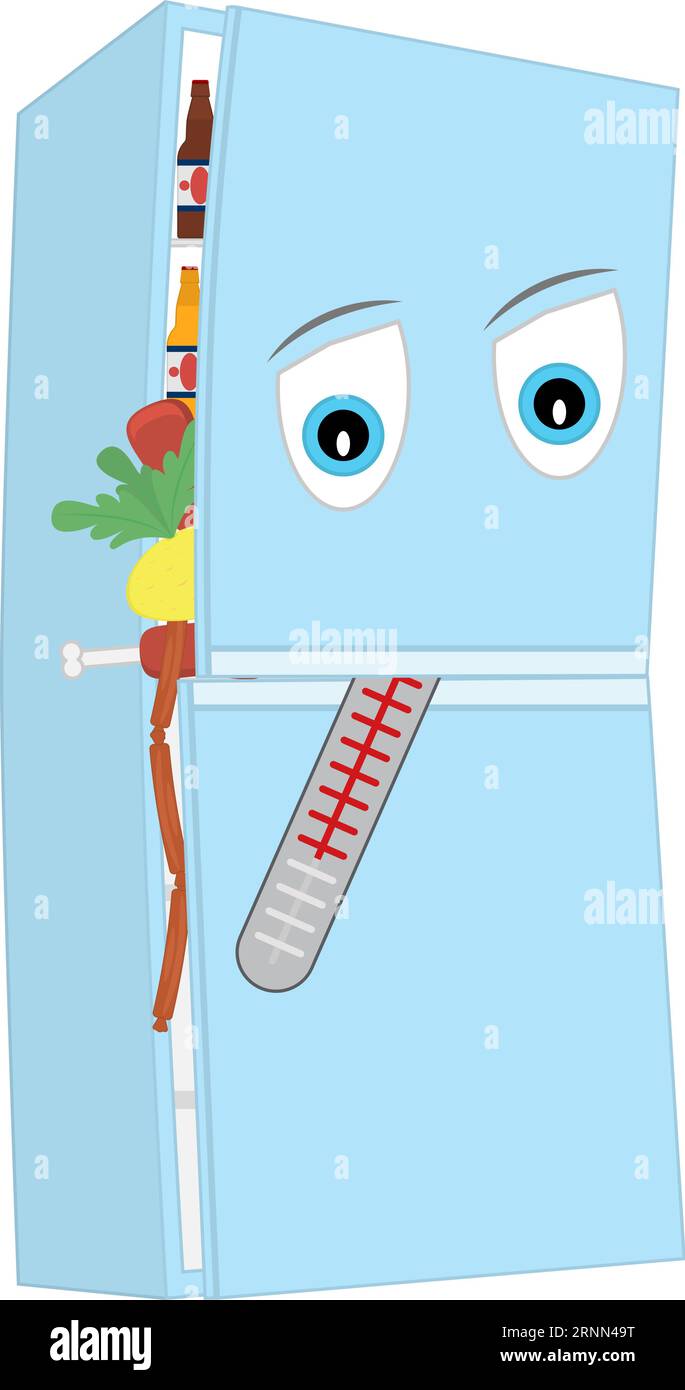 Un triste e malato frigorifero da cartone animato pieno di cibo. Con un termometro in bocca. Illustrazione Vettoriale