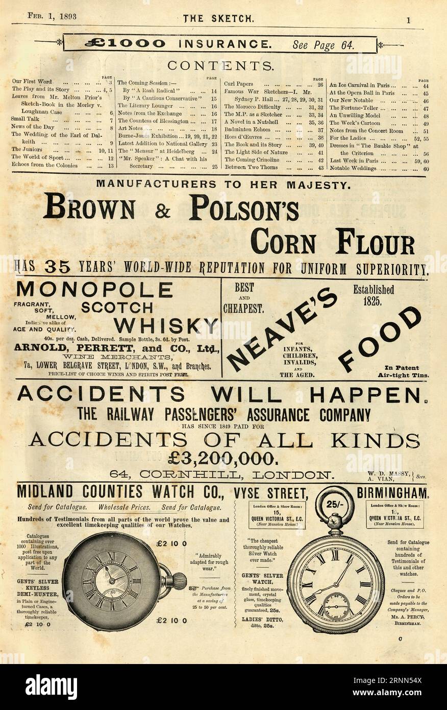 Pagina di annunci di giornali vittoriani, assicurazioni, farina di mais, Whisky, compagnia di assicurazioni passeggeri ferroviari, orologio da tasca, anni '1890 Foto Stock