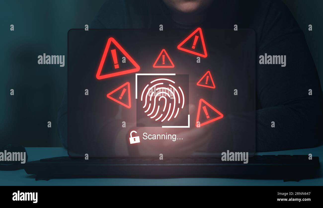 Autenticazione biometrica per la vulnerabilità della cibersicurezza. scansione di impronte digitali per violazione dei dati. Avviso password di accesso tramite impronte digitali. Foto Stock