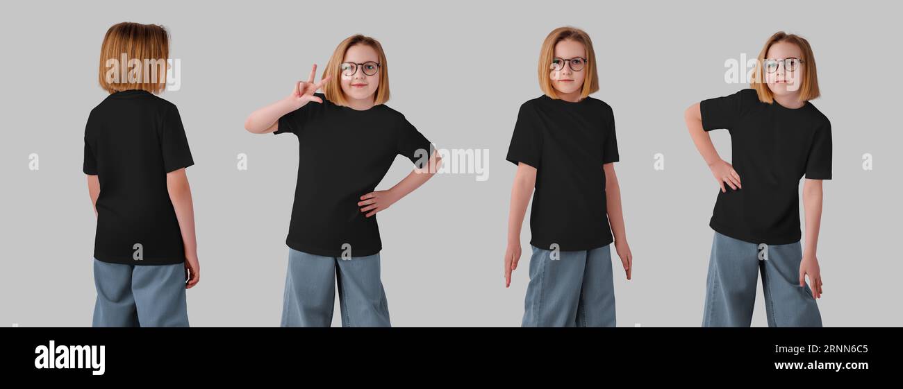 Modello di t-shirt da bambino nero per una ragazza con jeans, occhiali, abbigliamento in cotone alla moda per il design, il marchio, il commercio. Imposta. Mockup di una camicia, abbigliamento per un Foto Stock