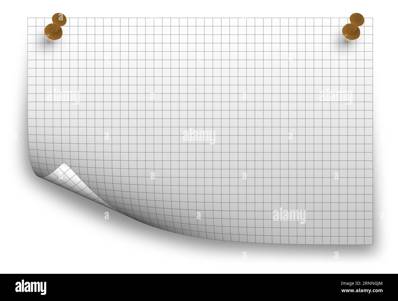 Sfondo carta a scacchi vuoto con pin a pressione isolato su bianco Foto Stock