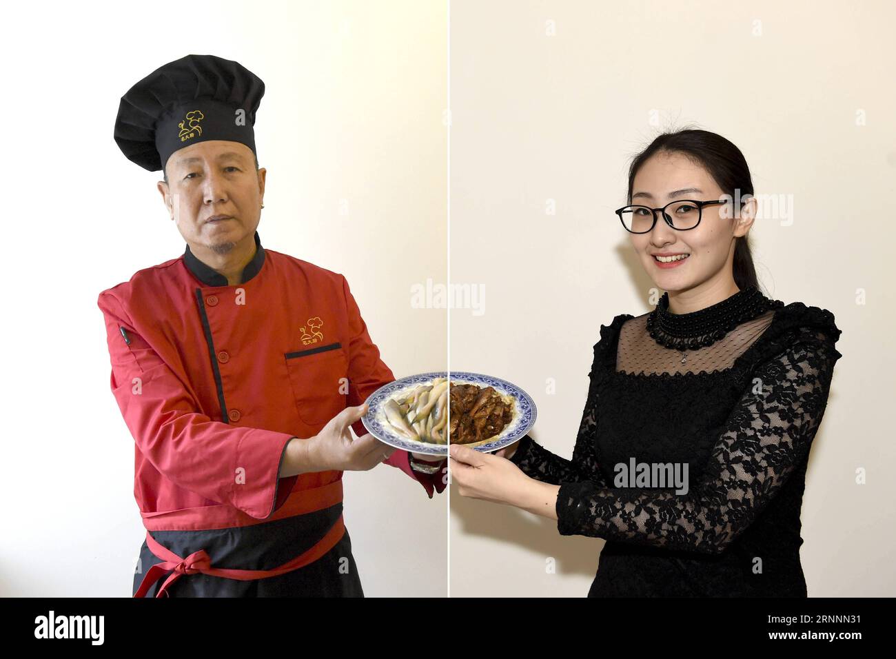 (170722) -- PECHINO, 22 luglio 2017 -- foto combinata scattata il dic. 4, 2016 mostra GU Xuezhi (L), un cuoco di Ming da Chu che consegna un piatto cotto al suo cliente Dong Anqi nel distretto Nakai di Tianjin, nella Cina settentrionale. Ming da Chu fornisce piatti personalizzati per gli utenti su piattaforme Online-to-offline (O2O). L'economia della condivisione, nata negli anni '1970 negli Stati Uniti, sta crescendo rapidamente in Cina e ha portato grandi cambiamenti nella vita delle persone fornendo servizi più economici, verificati e convenienti. ) (Xzy) CHINA-BEIJING-SHARING ECONOMY-DEVELOPMENT (CN) LianxYi PUBLICATIONxNOTxINxCHN Pechino 22 luglio 2017 Combo Foto Stock