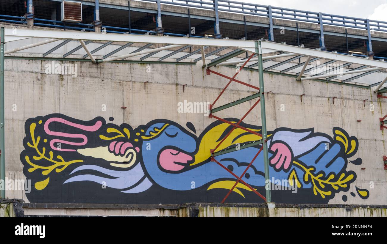 Graffiti artistici sul lato di un edificio nella città di Belfast, Irlanda del Nord. Foto Stock