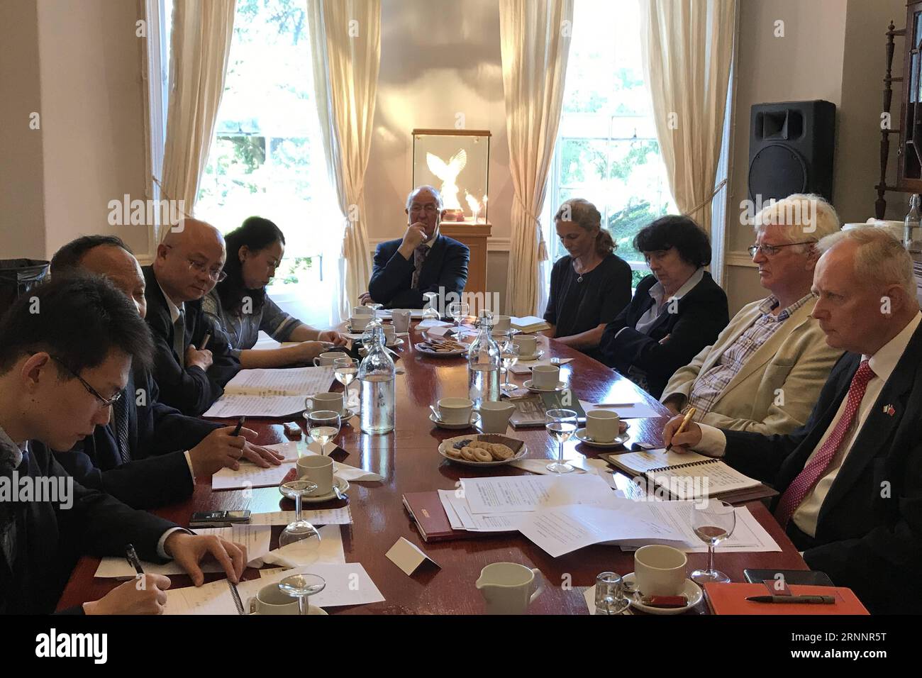 (170726) -- DUBLINO, 26 luglio 2017 -- la delegazione tibetana cinese incontra gli studiosi dell'Istituto degli affari internazionali ed europei (IIEA) a Dublino, Irlanda, 24 luglio 2017. Martedì una delegazione tibetana cinese ha concluso la sua gita di due giorni in Irlanda. Hanno visitato il Dipartimento degli affari esteri e del commercio, l'UCD Confucious Institute e l'Istituto degli affari internazionali ed europei (IIEA), dove hanno parlato con funzionari governativi, insegnanti e ricercatori su questioni che vanno dall'iniziativa Belt and Road allo sviluppo economico tibetano e alla sua protezione ambientale. ) (z Foto Stock