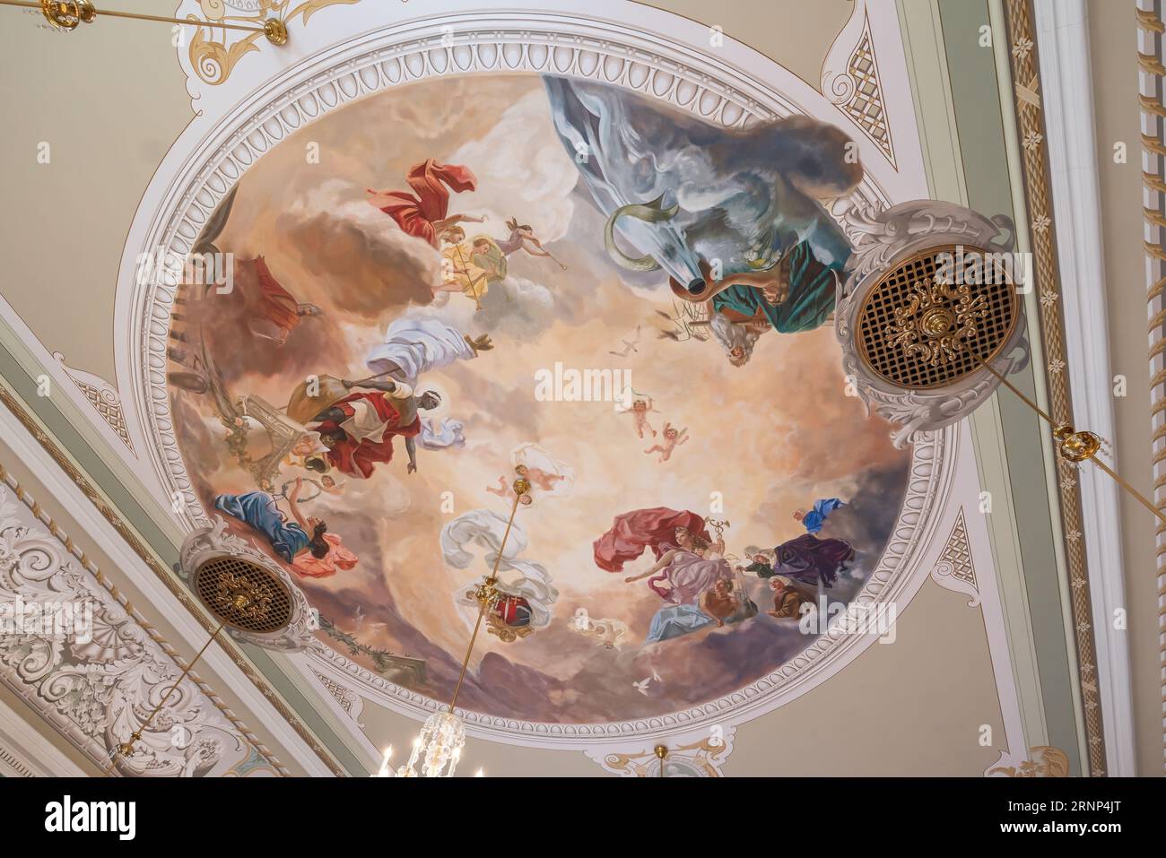 Affresco dell'apoteosi di San Maurizio a soffitto presso la sala delle celebrazioni della Casa delle teste nere interno - riga, Lettonia Foto Stock