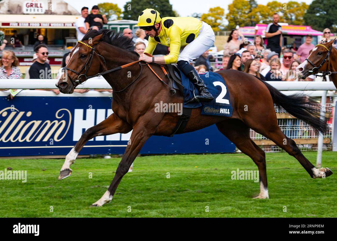 Beverley Racecourse, Beverley, Regno Unito, sabato 2 settembre 2023; Aimeric e il fantino Jack Mitchell vincono la prima gara sul William Hill Beverley Bullet Stakes Day per l'allenatore Roger Varian e il proprietario Sheikh Mohammed Obaid al Maktoum. Credito immagini equine JTW / Alamy Live News Foto Stock