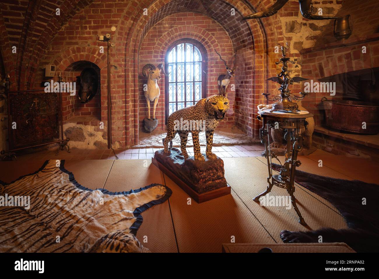 Sala di caccia all'interno del castello dell'isola di Trakai - Trakai, Lituania Foto Stock