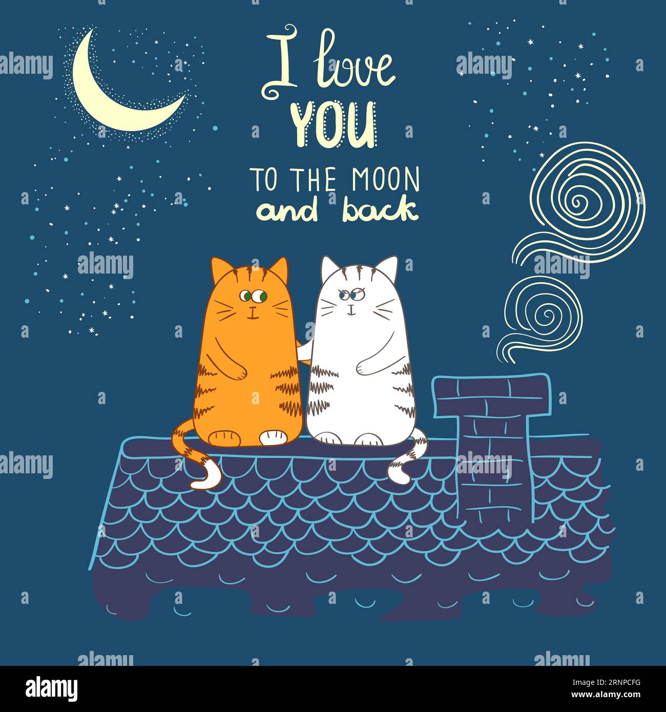 Carini gatti dei cartoni animati innamorati. Illustrazione vettoriale romantica. Ti amo sulla luna e sul retro - lettering. Il design di San Valentino Illustrazione Vettoriale