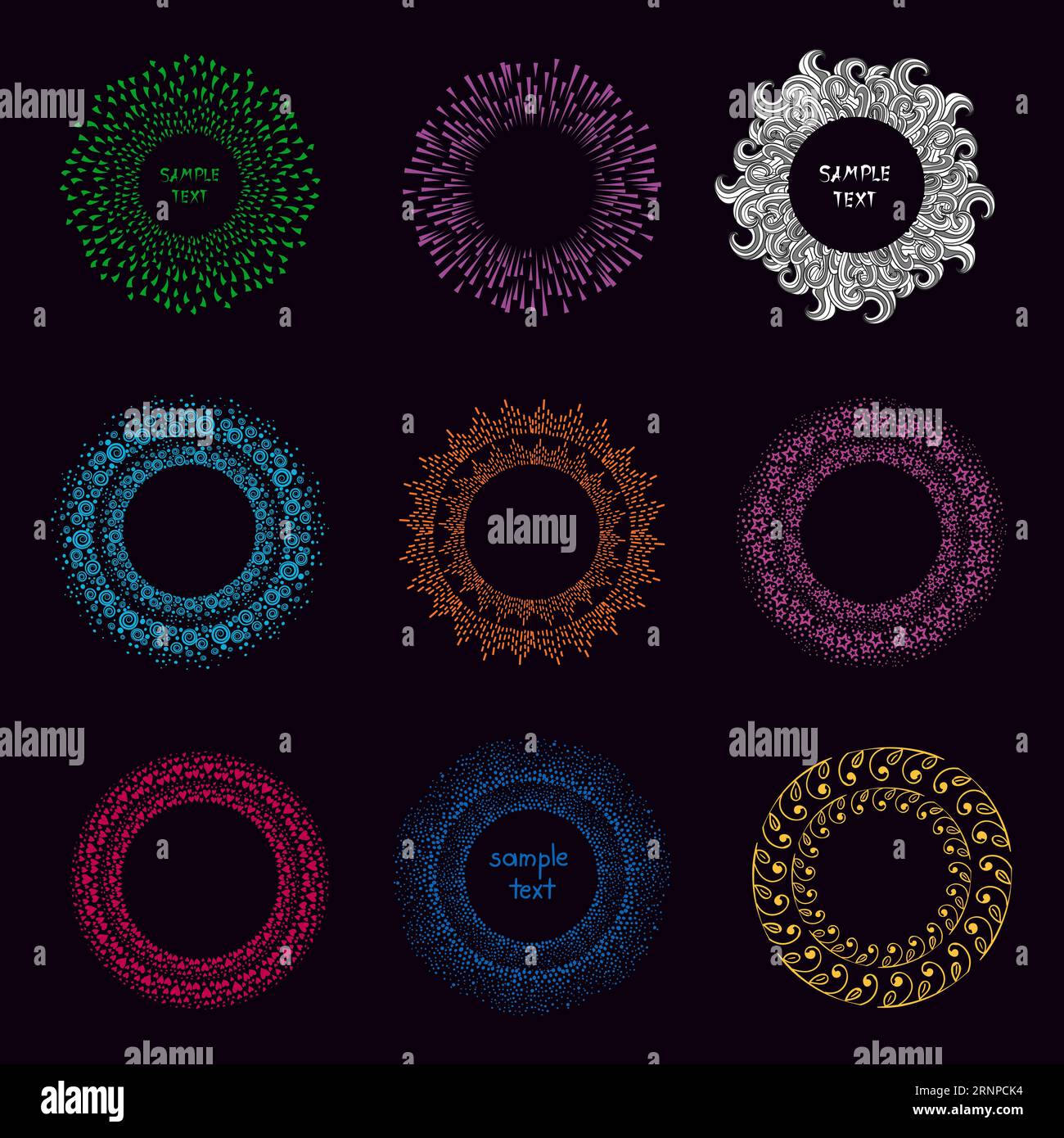 Set di cornici colorate rotonde disegnate a mano su sfondo scuro. Collezione di elementi decorativi vettoriali rotondi per il tuo design Illustrazione Vettoriale