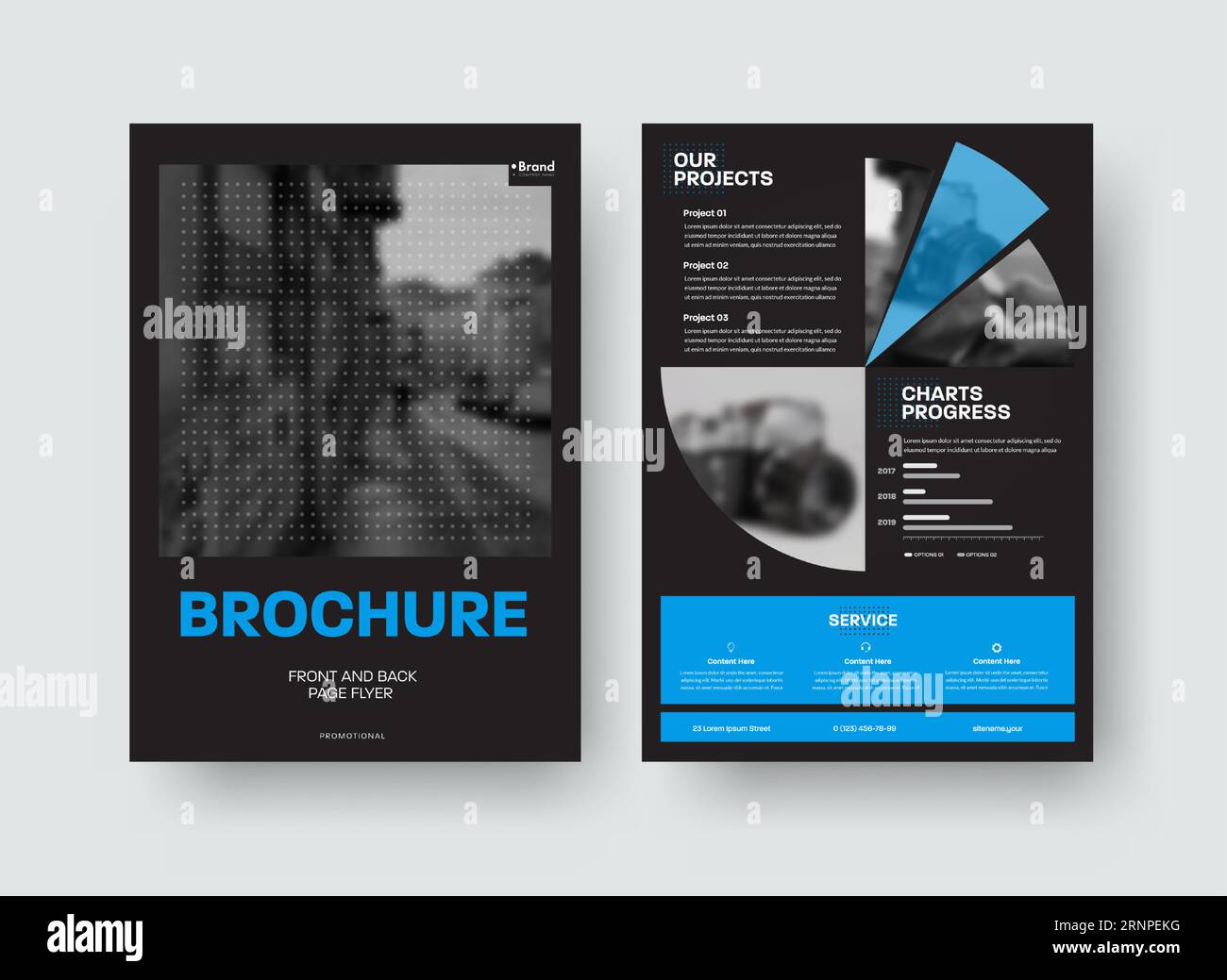 Modello di brochure con spazio per foto, inserti rotondi, presentazione di design creativo vettoriale su sfondo nero, parte anteriore, parte posteriore. Opuscolo di layout per bus Illustrazione Vettoriale