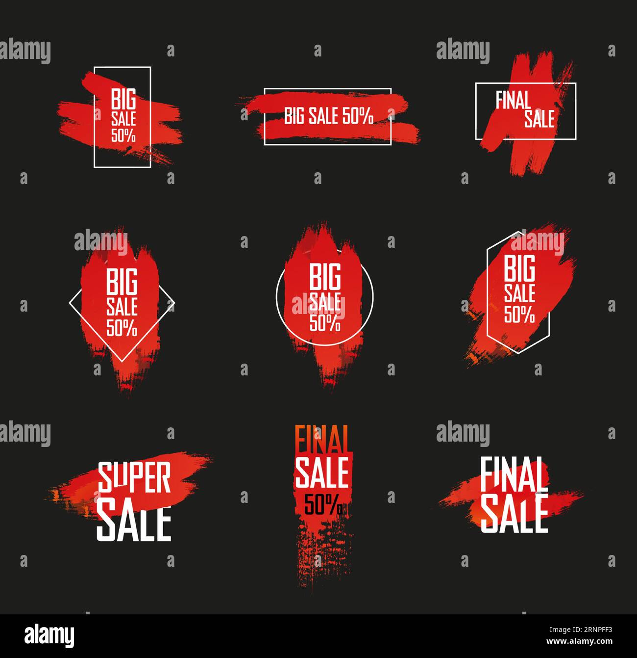 Un set di etichette con tratti di vernice rossa, blot, forme geometriche per una grande vendita. Composizioni vettoriali disegnate a mano per etichette, adesivi, badge. Il templ Illustrazione Vettoriale