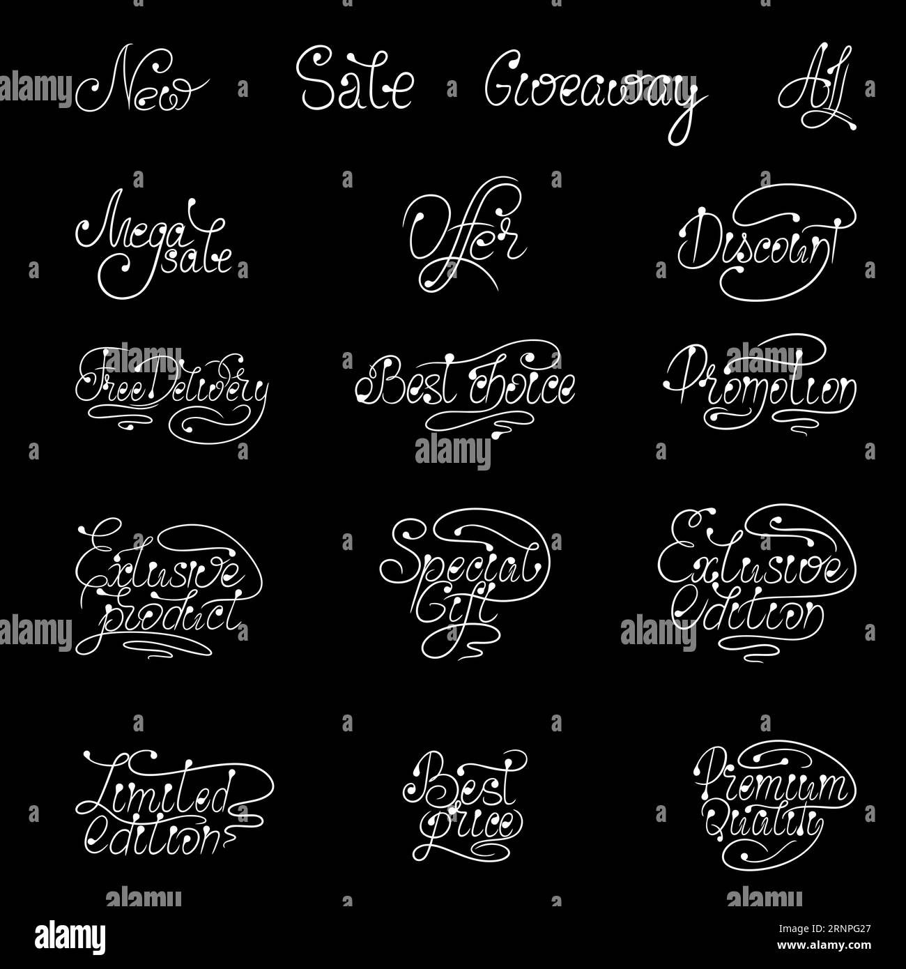 Modello di lettering calligrafico vettoriale su sfondo nero per grandi sconti, sconti e offerte speciali. Una soluzione di marketing con parole ben scritte Illustrazione Vettoriale