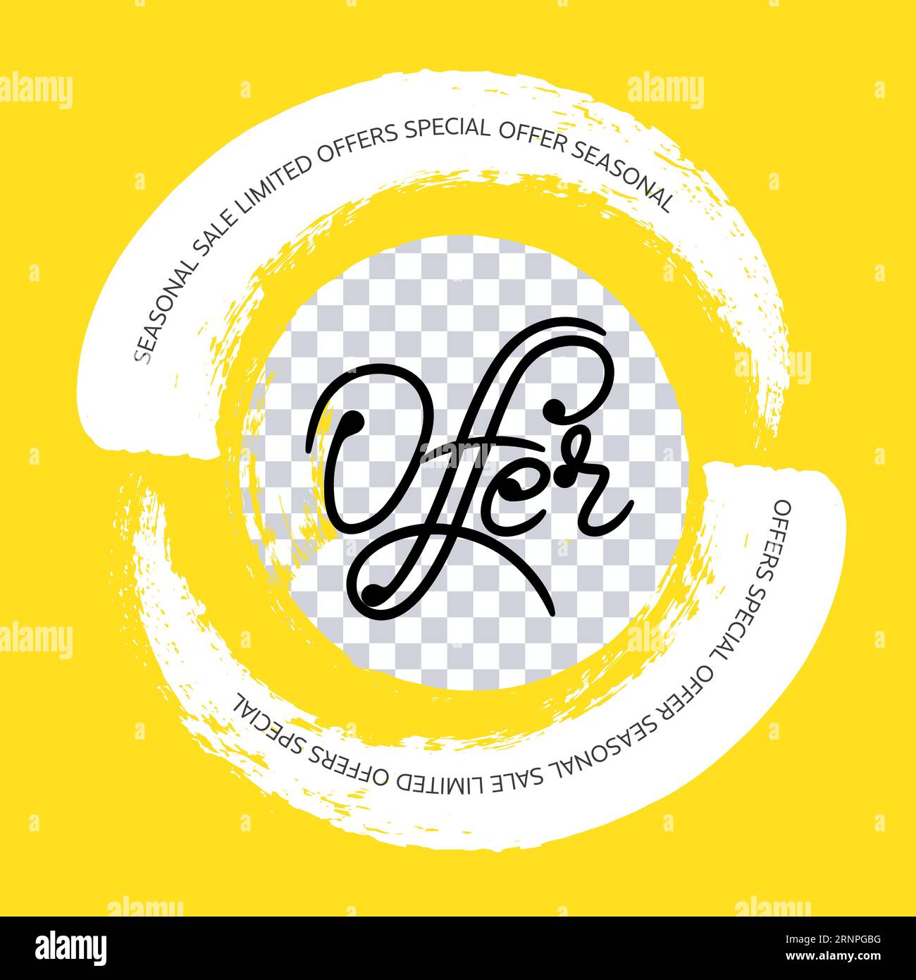 Illustrazione vettoriale, striscione, tag con elegante scritta su sfondo giallo con spazio per foto, pennellate bianche. Modello per promozione aziendale Illustrazione Vettoriale