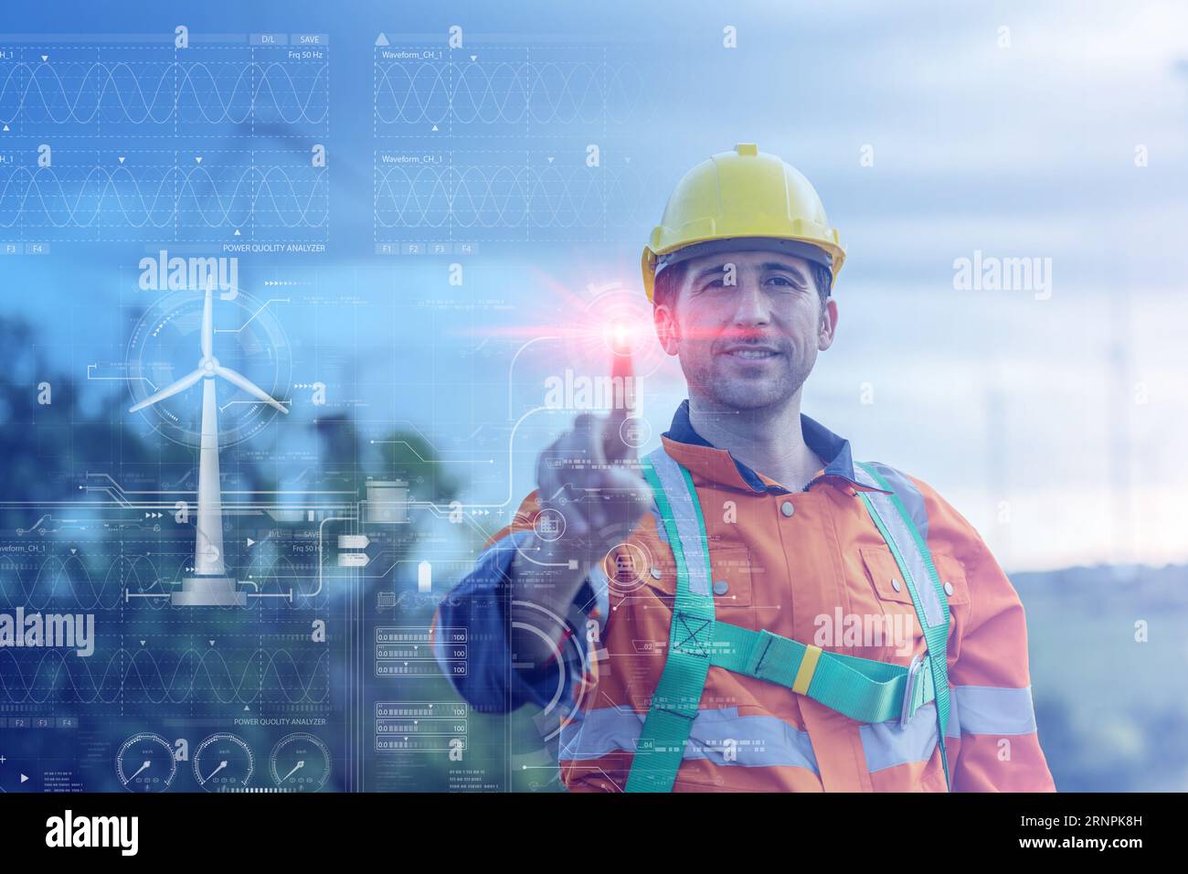 ingegneria elettrica sovrapposizione maschile turbina eolica inforgraphic per software intelligente aiuta il monitoraggio del concetto di risparmio energetico Foto Stock