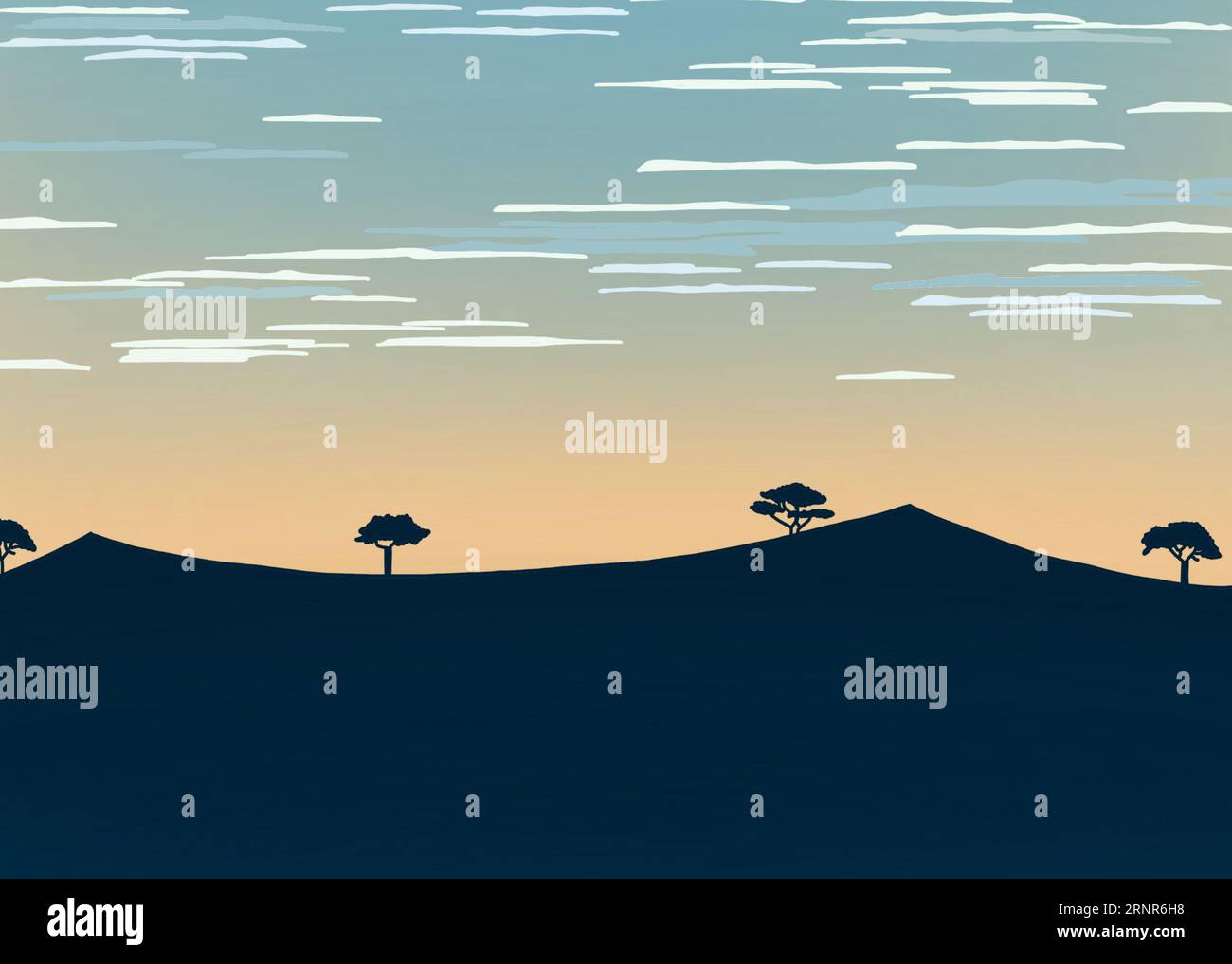 Cartone animato leggermente astratto che disegna alberi lontani in un orientamento in formato paesaggio collinare. Foto Stock