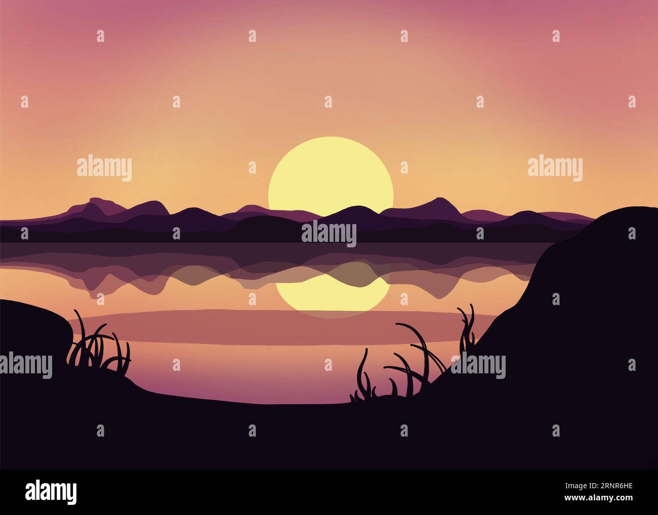 Disegno a cartoni animati di una catena montuosa al tramonto con un lago, con riflessi con sfumature di orientamento del paesaggio viola. Foto Stock