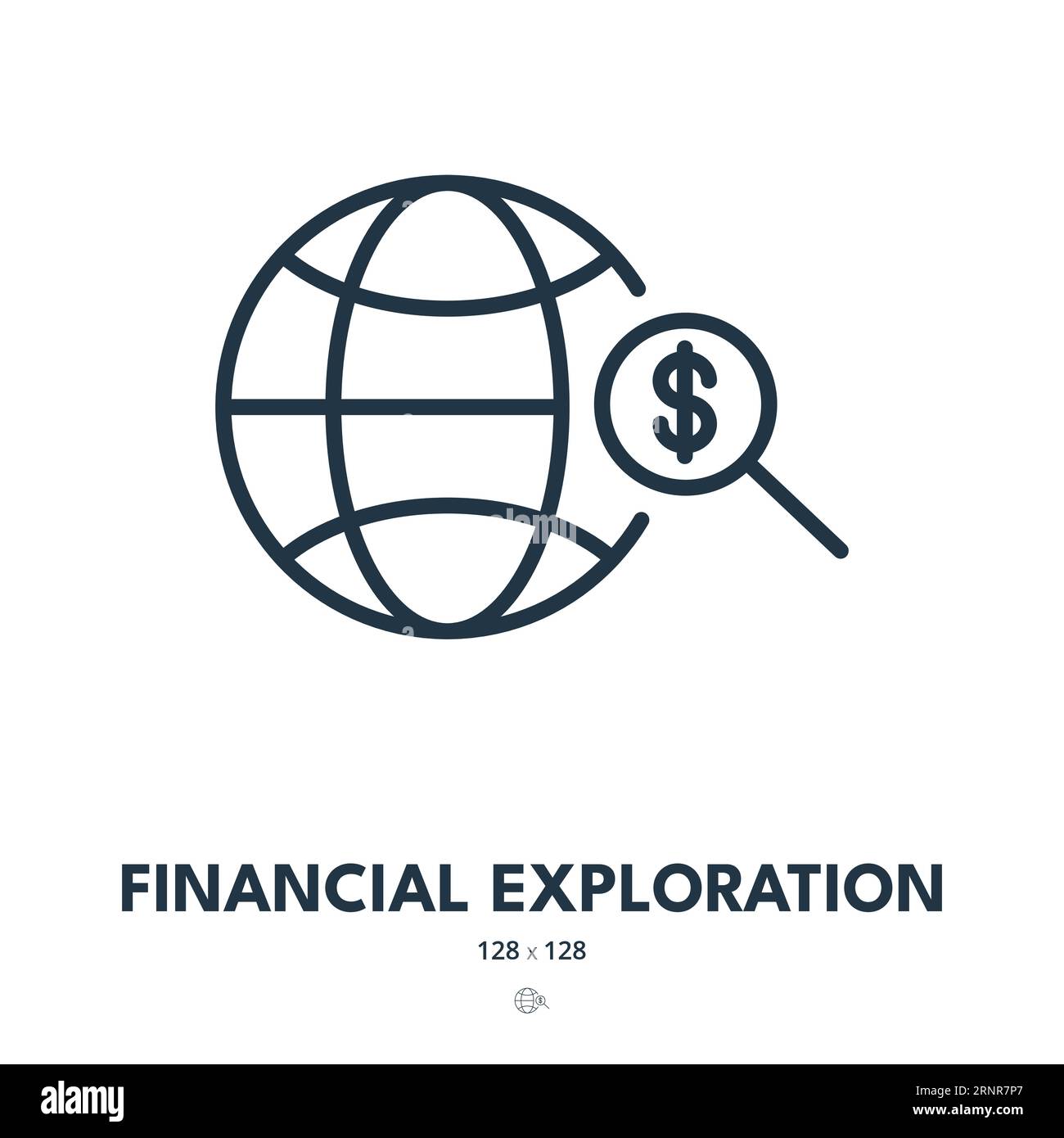 Icona esplorazione finanziaria. Investimenti, banche, tutto il mondo. Tratto modificabile. Icona vettore semplice Illustrazione Vettoriale